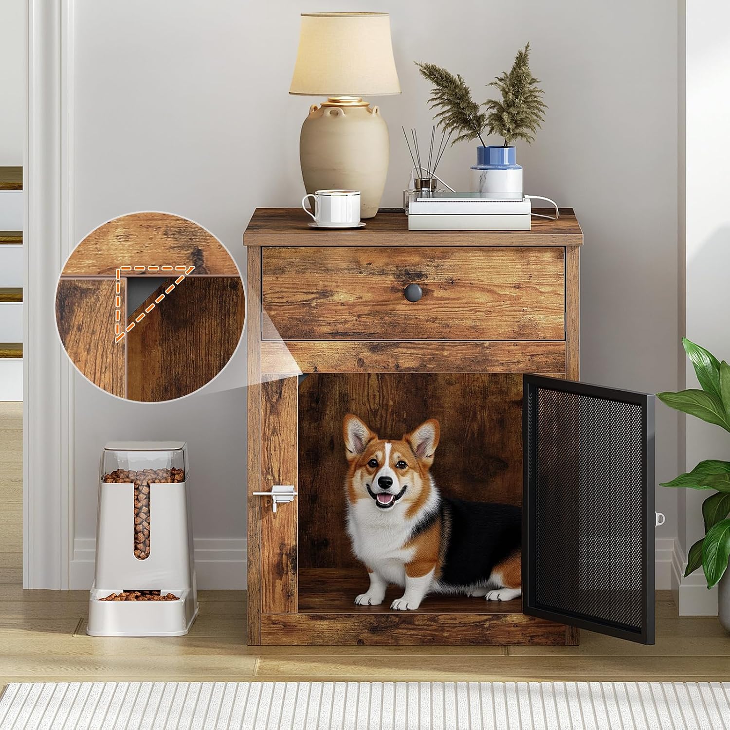 HOOBRO Dog Crate Furniture, Dog Kennel with Drawer and Charging Station, Indoor Decorative Puppy House, Wooden Pet Crate End Table for Small Dogs, Rustic Brown and Black BF58UGW03G1