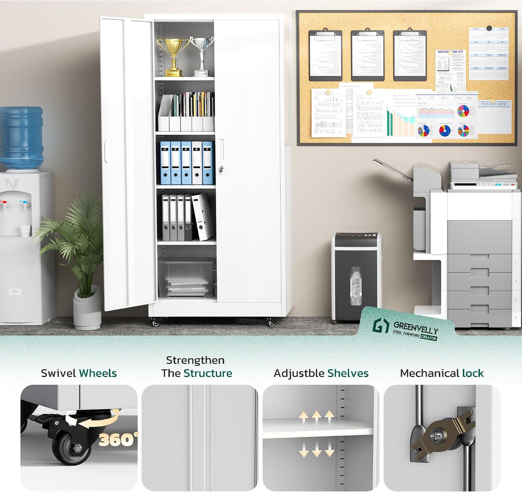 Greenvelly 73' Storage Cabinet with Wheels,Metal Rolling Garage Cabinet with Locking Doors and 4 Adjustable Shelves for Home,Kitchen,Office,Warehouse(32' W x 16' D, White)