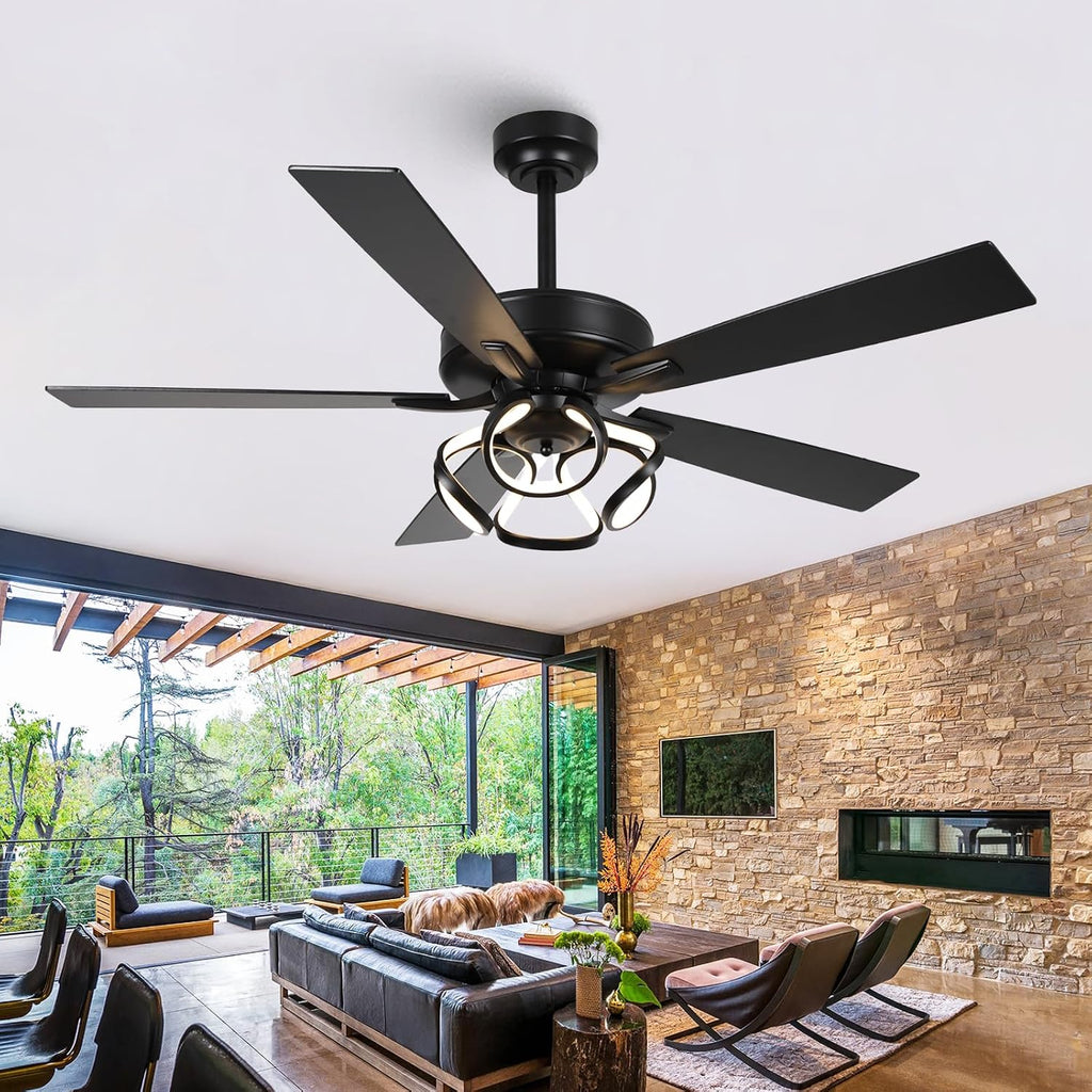 52 Inch Ceiling Fans with Lights, Creative Modern Black Ceiling Fan and Remote, Dimmable, 6 Speeds, Quiet, Dual-Sided Reversible 5 Blades Indoor Outdoor Chandelier Fan for Bedroom Living Room