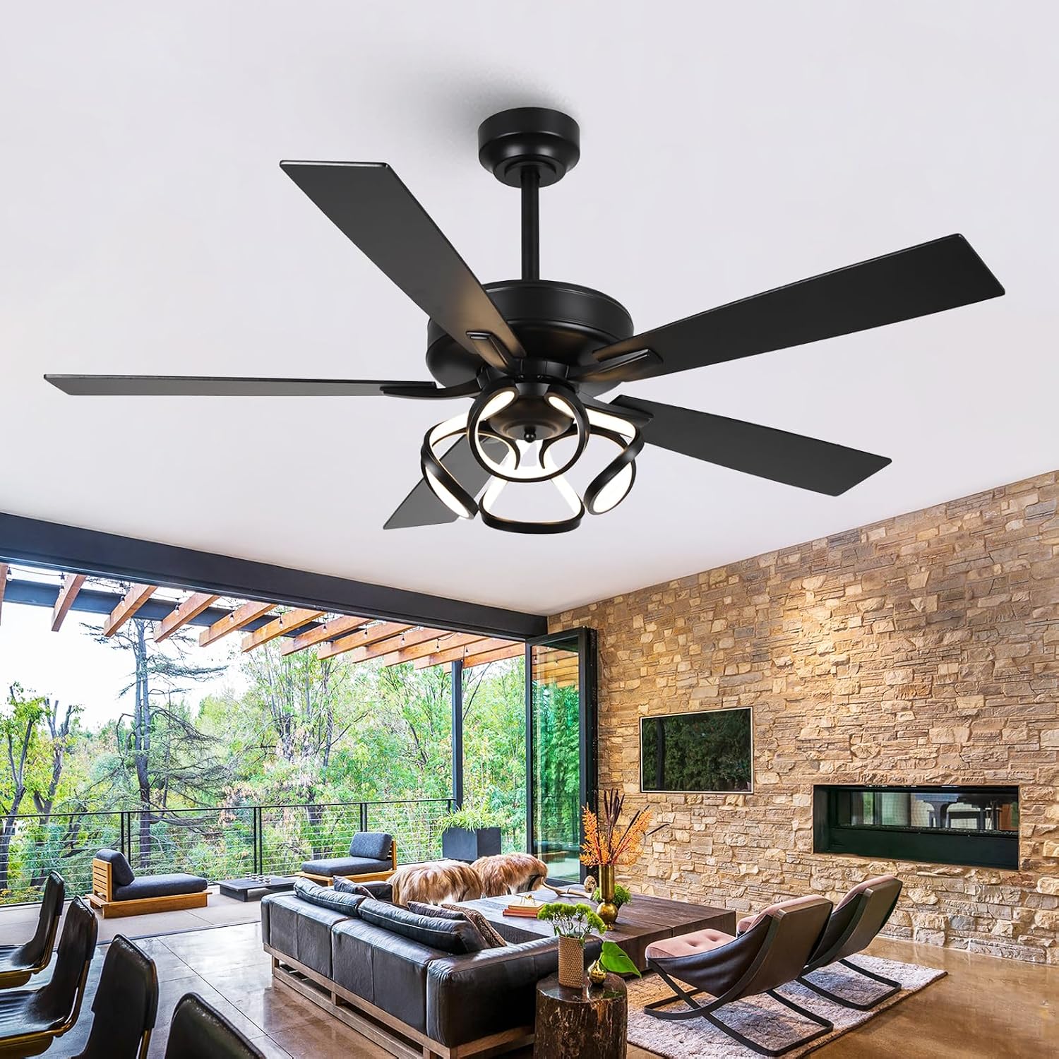 52 Inch Ceiling Fans with Lights, Creative Modern Black Ceiling Fan and Remote, Dimmable, 6 Speeds, Quiet, Dual-Sided Reversible 5 Blades Indoor Outdoor Chandelier Fan for Bedroom Living Room