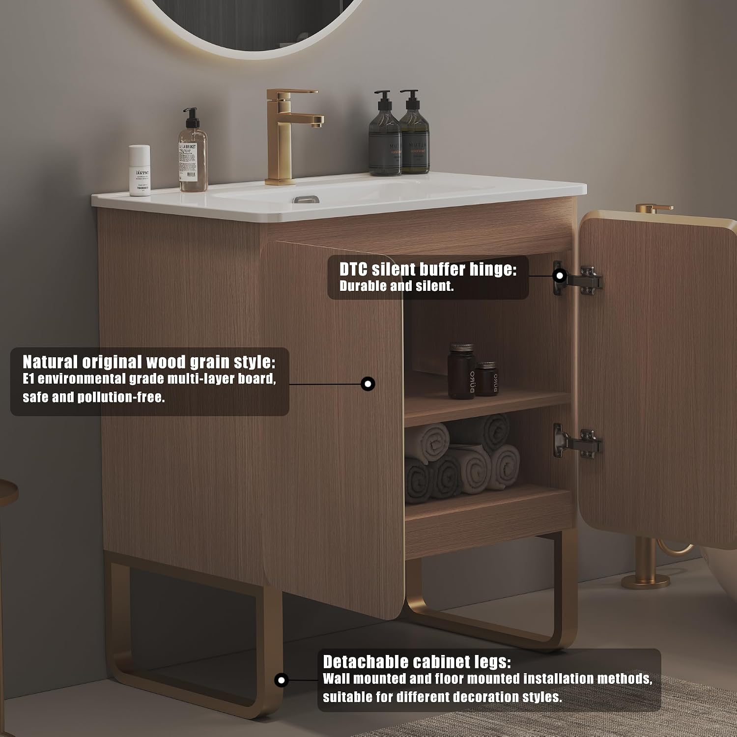30' Bathroom Vanity with Sink, Modern Freestanding Bathroom Cabinet with Top, Integrated Basin, 2 Soft-Close Doors, Adjustable Shelf, Spacious Storage for Small Space, Oak - Dalia Collection