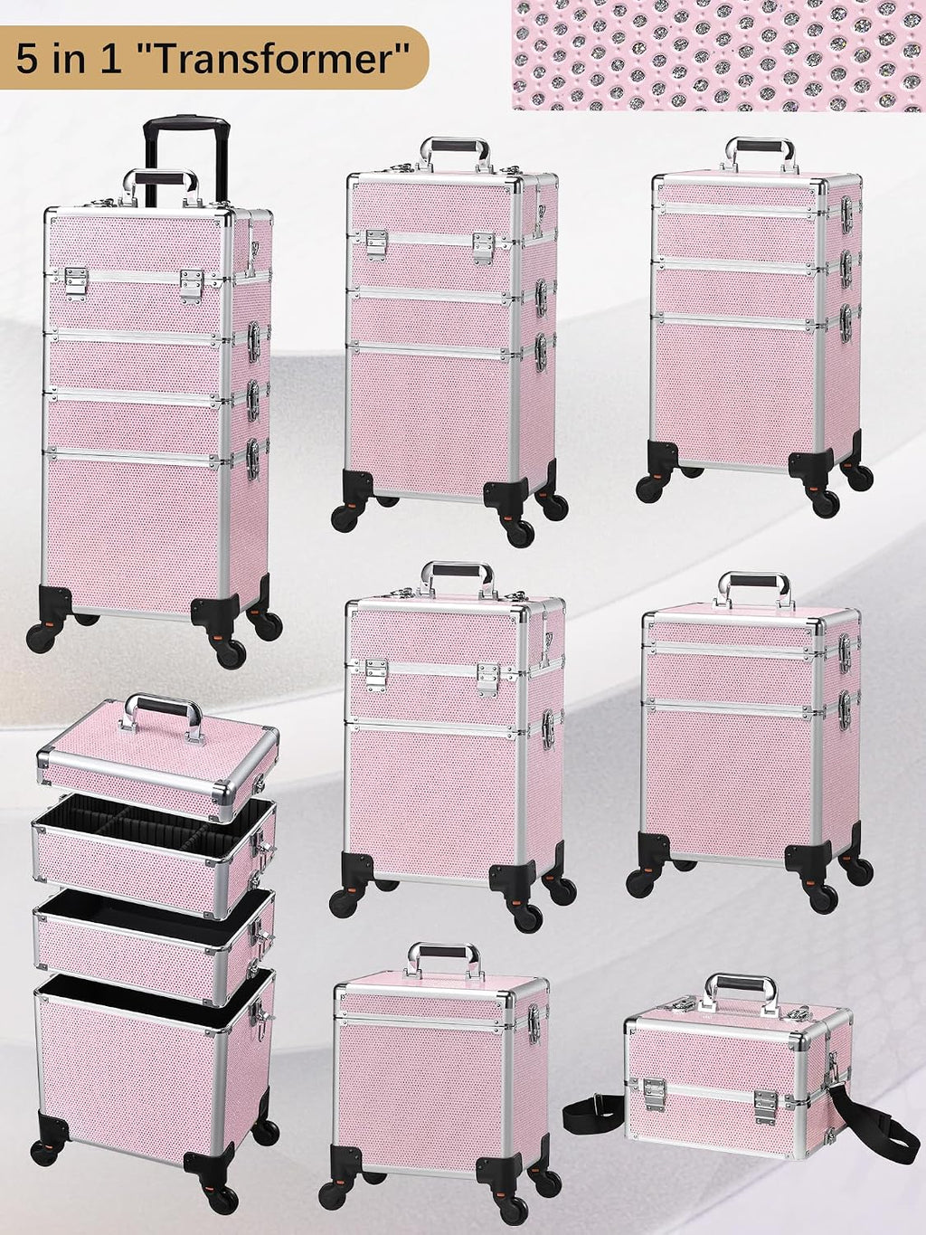 Costravio 5 in 1 Rolling Makeup Case on Wheels Large Cosmetology Case Organizer Beauty Cosmetic Train Case Travel Nail Cart for Make-up Studio Hair Salon, Pink Rhinestone