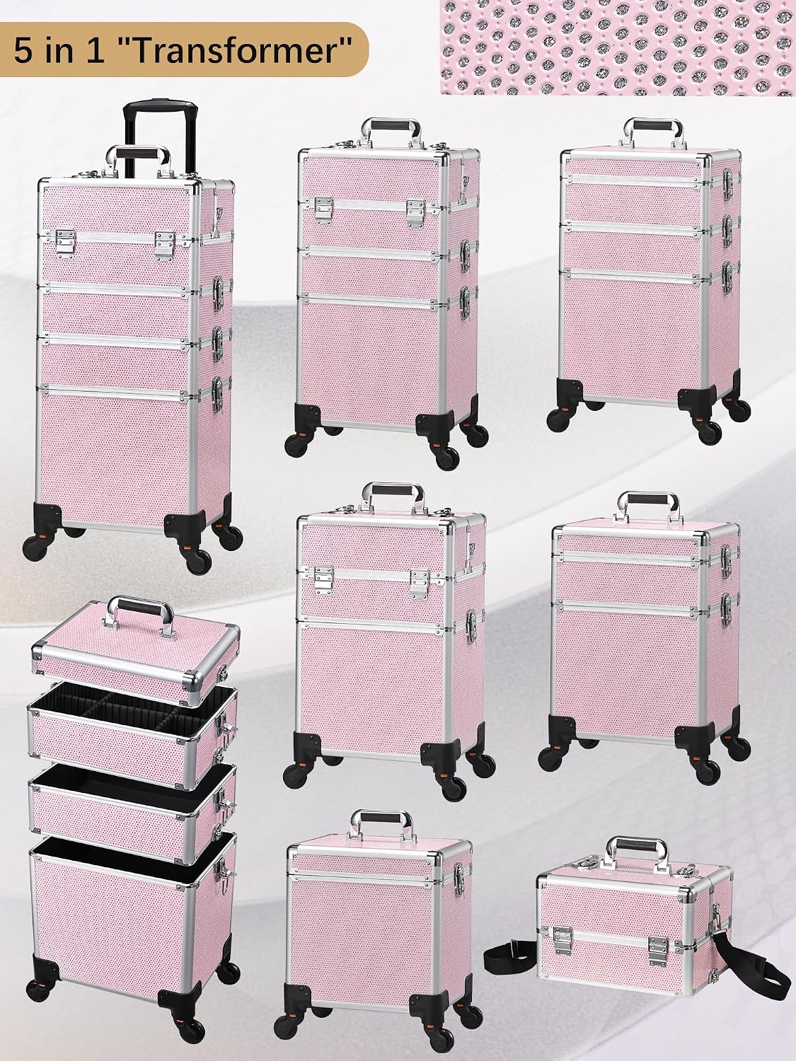 Costravio 5 in 1 Rolling Makeup Case on Wheels Large Cosmetology Case Organizer Beauty Cosmetic Train Case Travel Nail Cart for Make-up Studio Hair Salon, Pink Rhinestone