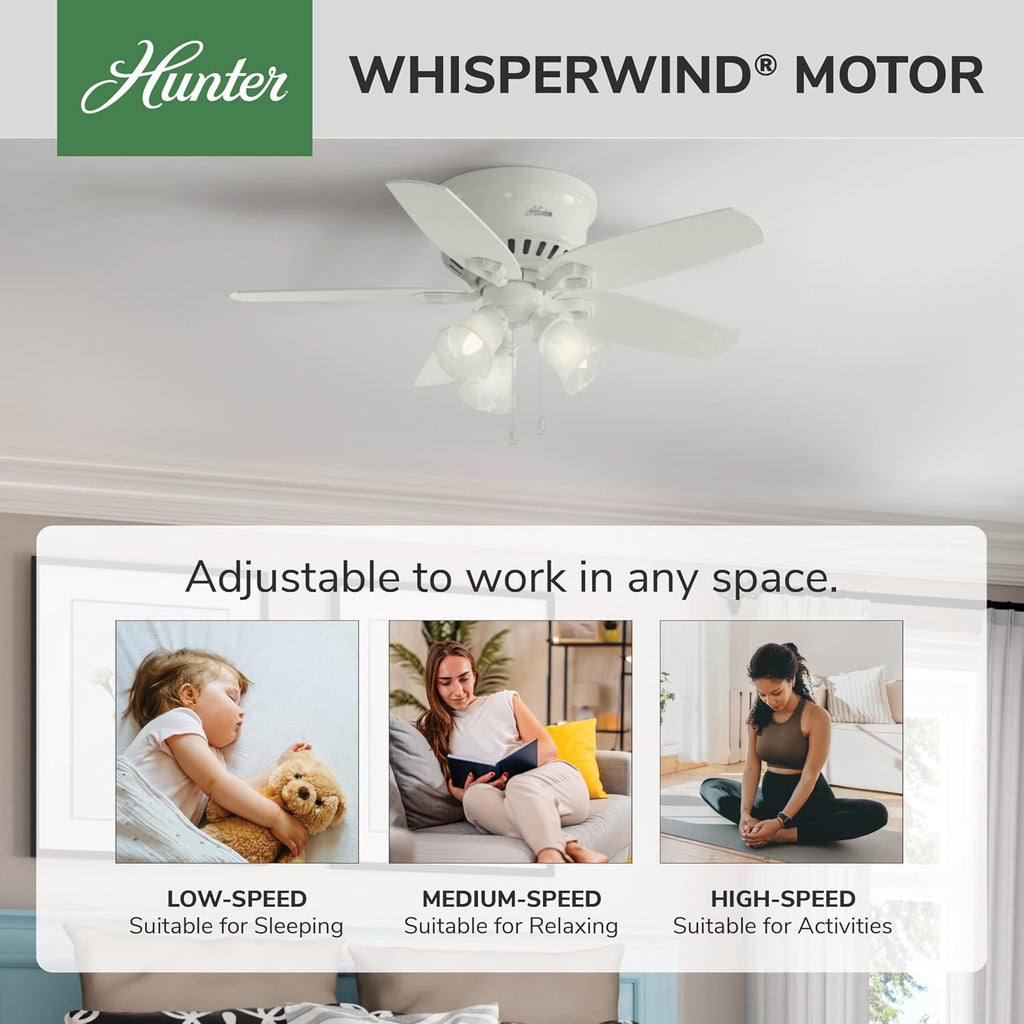 Hunter 42 inch Indoor Ceiling Fan with LED Lights - White Ceiling Fan with Pull Chain, For Bedroom, Living Room, or Kitchen, Low Profile Flush Mount, No Remote, 5 Blades - Builder 51090, Snow White