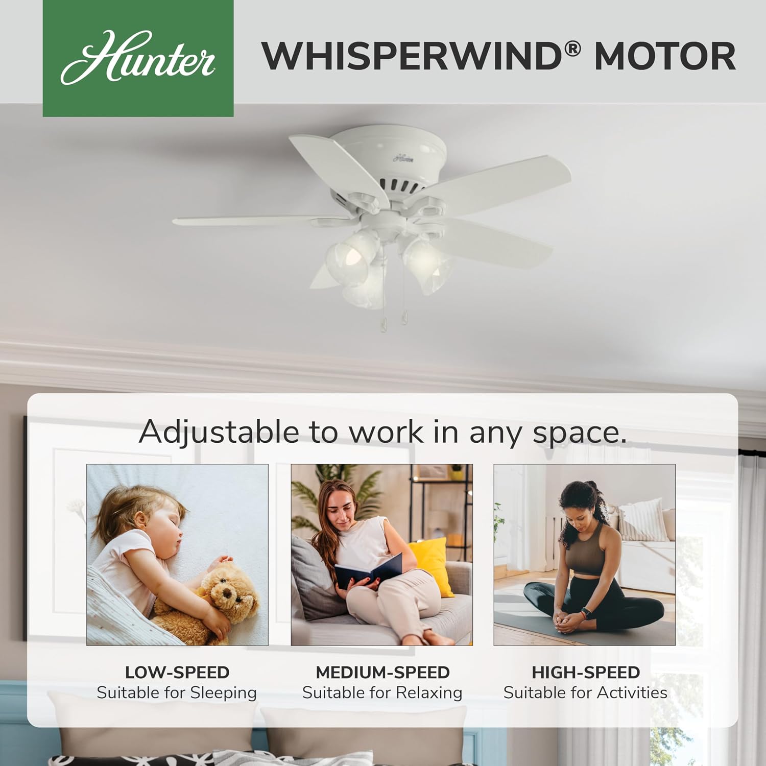 Hunter 42 inch Indoor Ceiling Fan with LED Lights - White Ceiling Fan with Pull Chain, For Bedroom, Living Room, or Kitchen, Low Profile Flush Mount, No Remote, 5 Blades - Builder 51090, Snow White