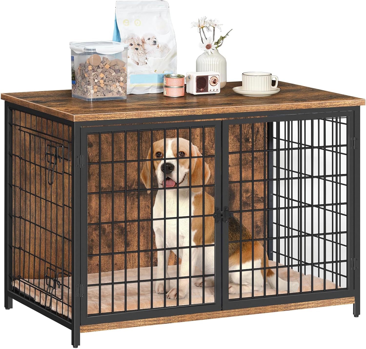 MAHANCRIS Dog Crate Furniture with Cushion, Wooden Dog Kennel with Double Doors, Heavy Duty Dog Cage for Small/Medium/Large Dogs, Indoor Dog House End Table, 39.4' L, Rustic Brown DCHR10701