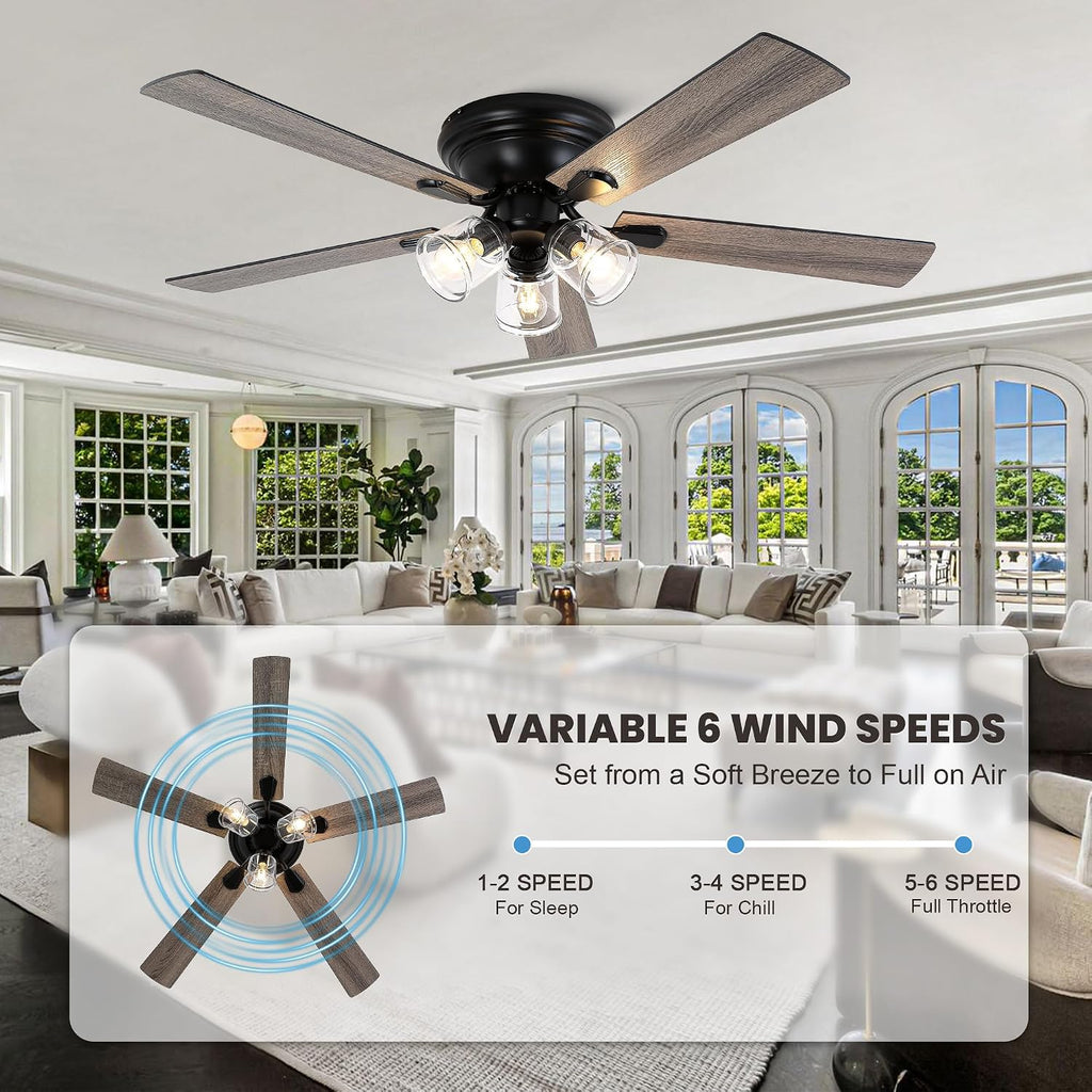 Dawn Whisper 52 Inch Flush Mount Farmhouse Ceiling Fans with Lights Vintage Ceiling Fan with 3 Bulb Lights Remote for Bedroom Living Room Kitchen