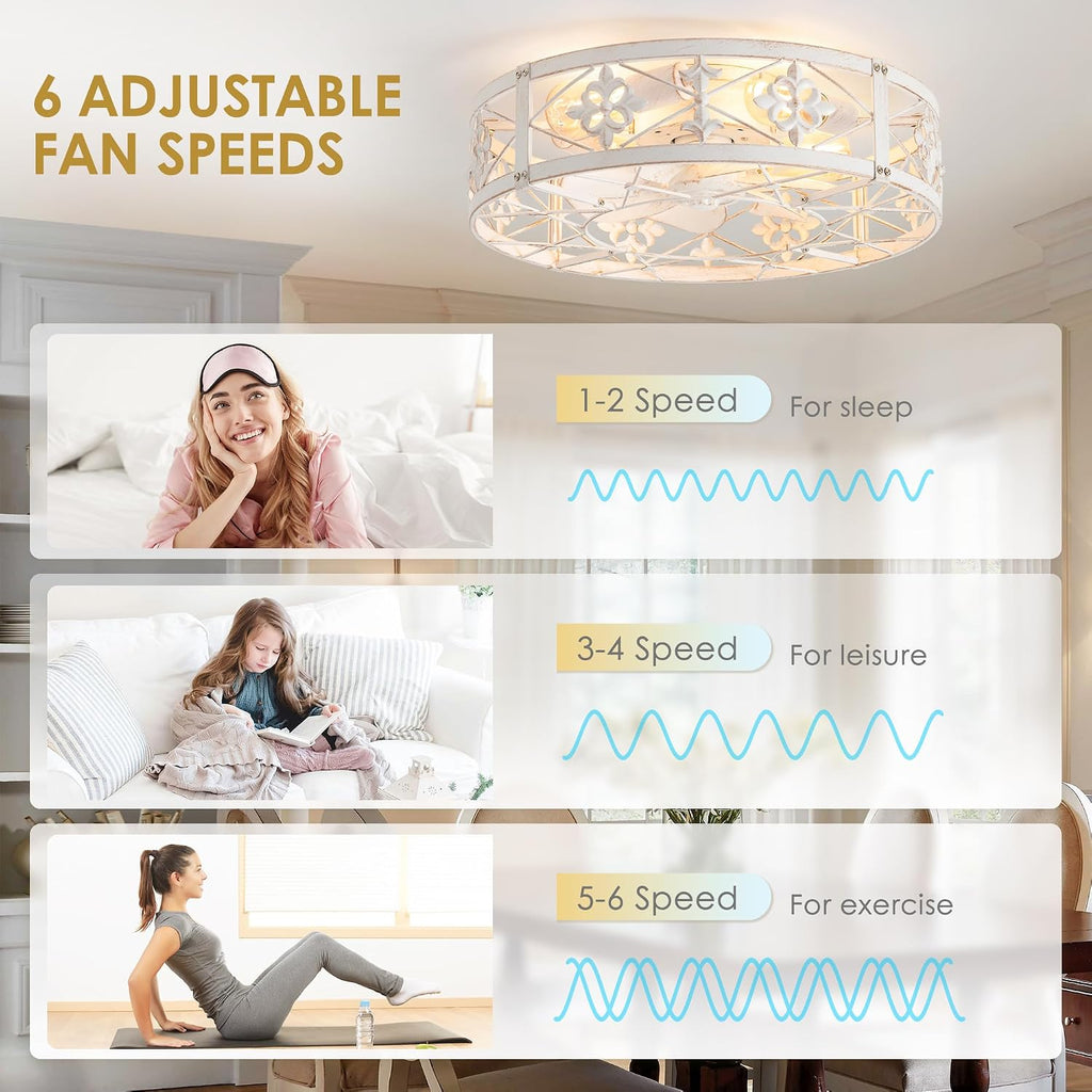 ZYD Caged Ceiling Fans with Light, 20' Ceiling Fans with Lights and Remote Flush Mount, Bladeless Caged Ceiling Fan with Light, Rust White Farmhouse Ceiling Fan for Bedroom, Kitchen, Dining Room