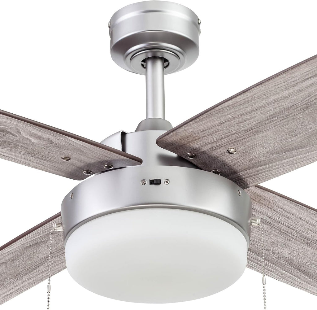 Prominence Home Memphis, 52 Inch Contemporary Indoor LED Ceiling Fan with Light, Pull Chain, Dual Mounting Options, 4 Dual Finish Blades, Reversible Motor - 51652-01 (Pewter)