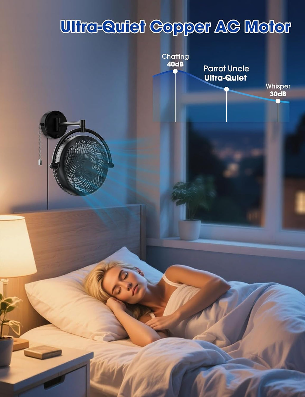 Wall Mount Fans with Pull Chain, 10 Inch Wall Fans Quiet Oscillating Wall-Mounted Fan, Adjustable Folding Arm, 2-Speed Plug-in Fan for Bedroom, Living Room, Garage, Bathroom, Patio, Kitchen, Black