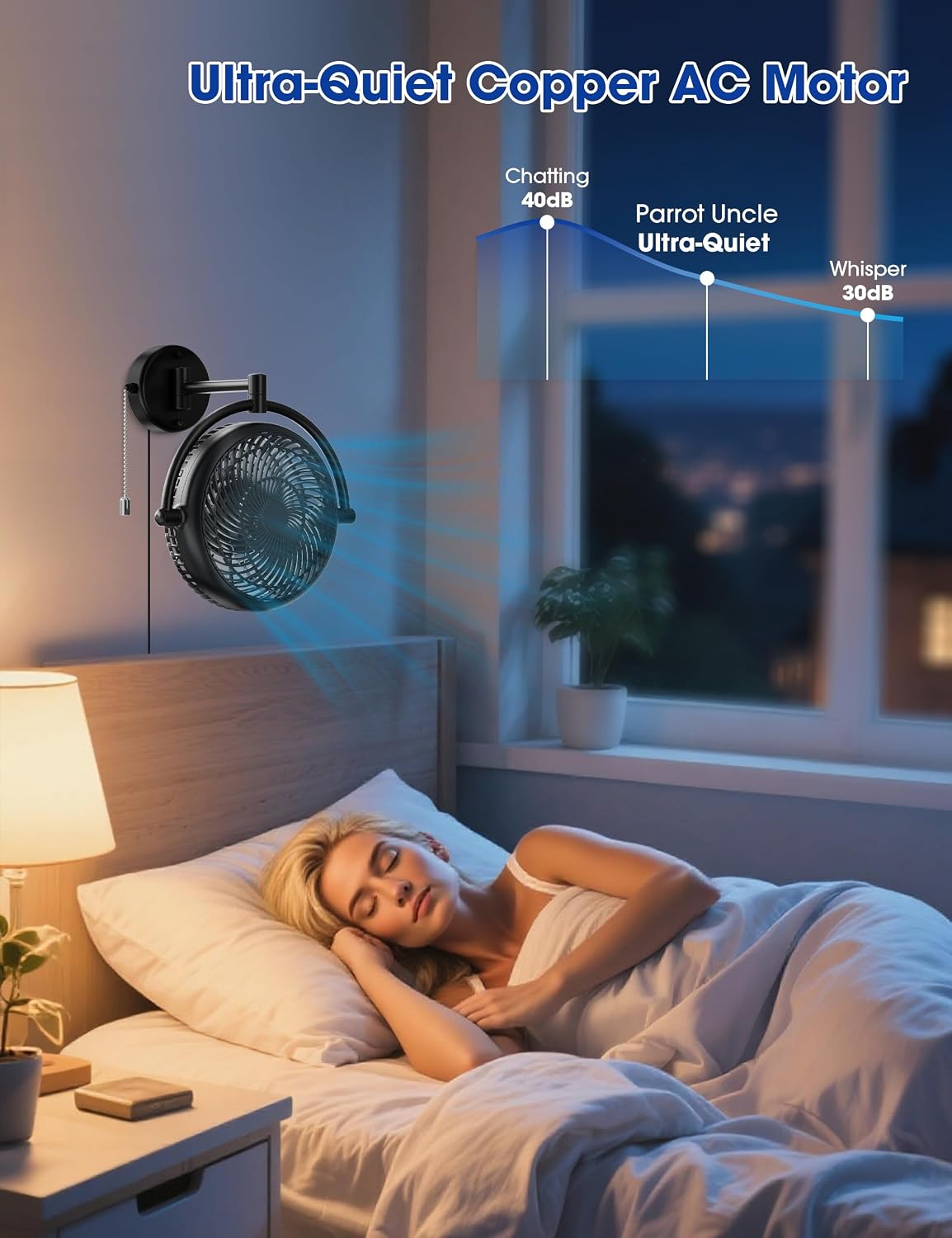 Wall Mount Fans with Pull Chain, 10 Inch Wall Fans Quiet Oscillating Wall-Mounted Fan, Adjustable Folding Arm, 2-Speed Plug-in Fan for Bedroom, Living Room, Garage, Bathroom, Patio, Kitchen, Black