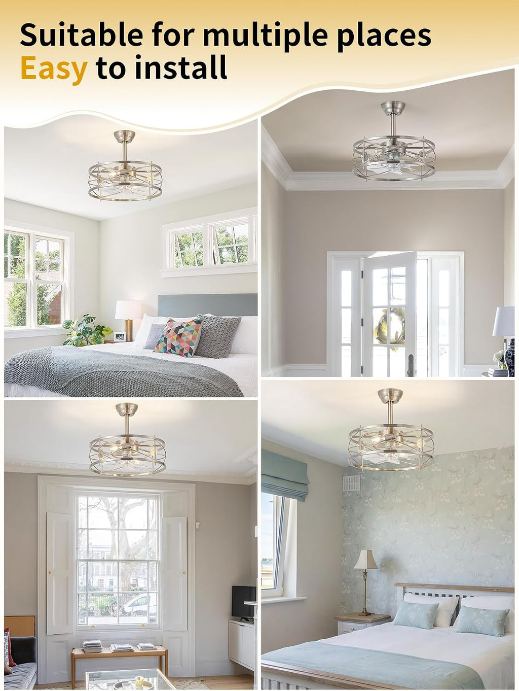 20' Farmhouse Fandelier Ceiling Fan with Light, Caged Bladeless Ceiling Fans with Lights and Remote, Rustic Small Enclosed with 6 Speeds for Bedroom, Kitchen, Living Room, Silver