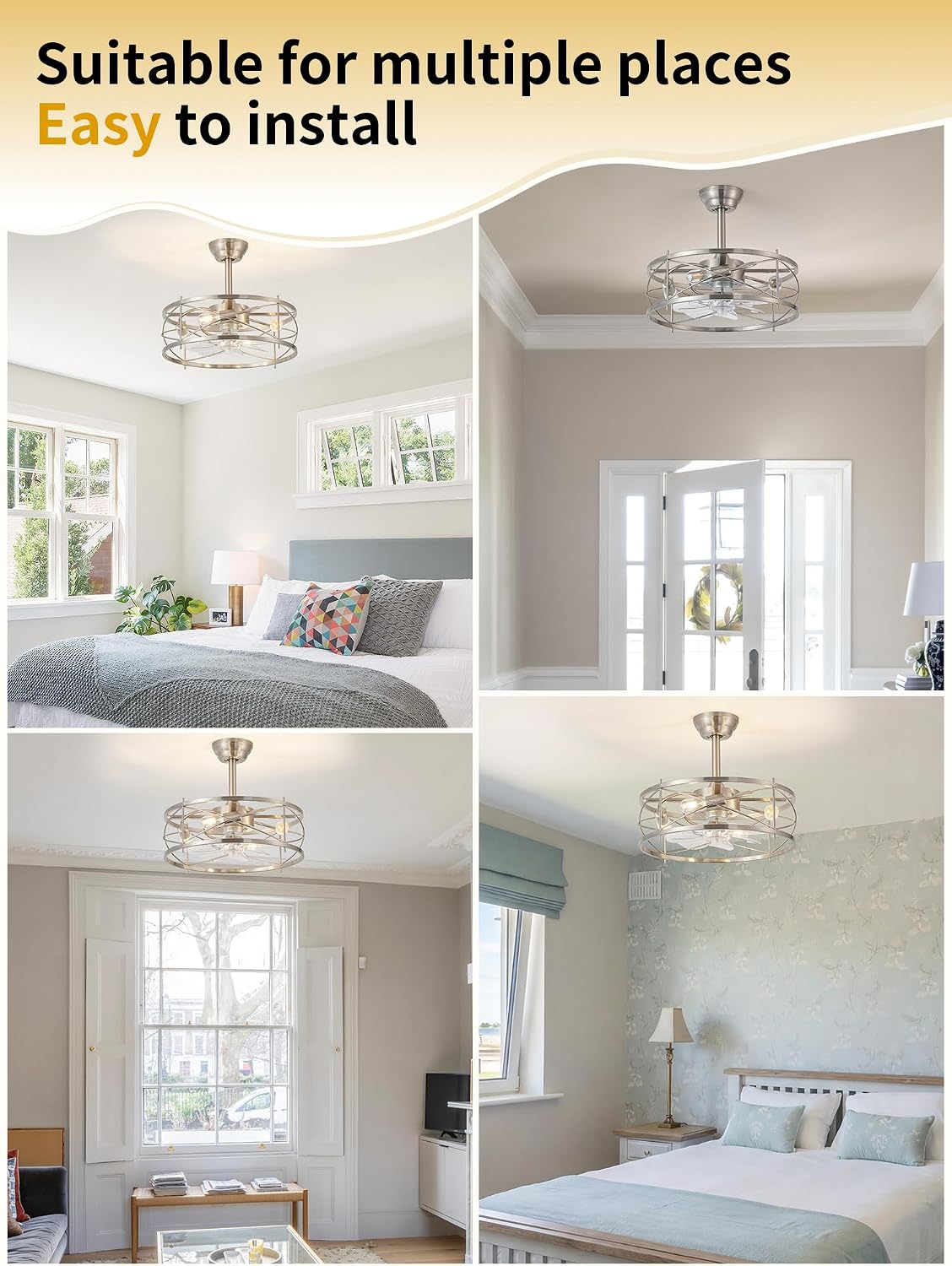 20' Farmhouse Fandelier Ceiling Fan with Light, Caged Bladeless Ceiling Fans with Lights and Remote, Rustic Small Enclosed with 6 Speeds for Bedroom, Kitchen, Living Room, Silver