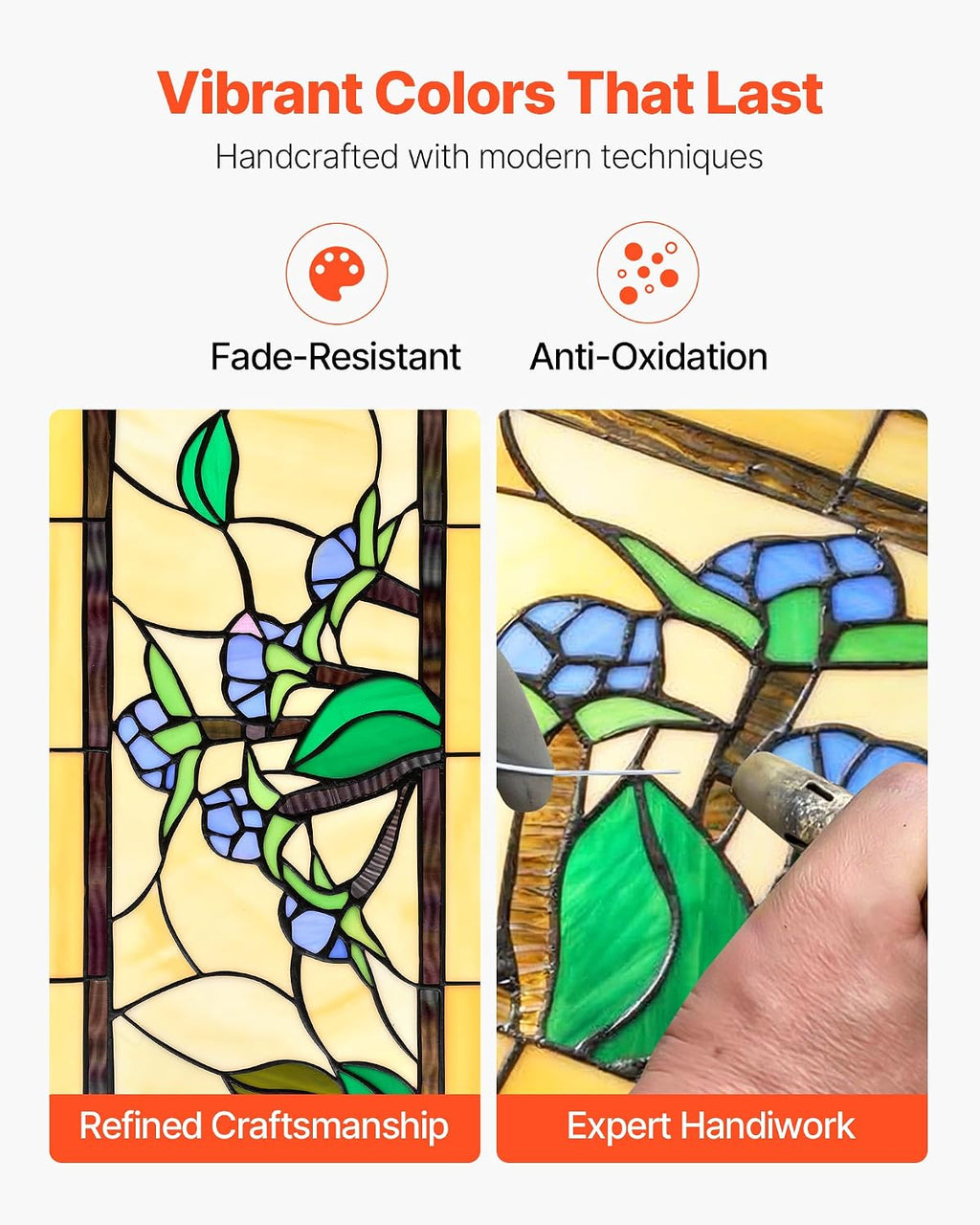 VEVOR Stained Glass Window Panel, 32.0' x 10.0' Tiffany Style Hanging Transom Window Panel with Chain, Large Horizontal Rectangle Stain Glass, Vintage Traditional Art Handcrafts for Kitchen Home Decor