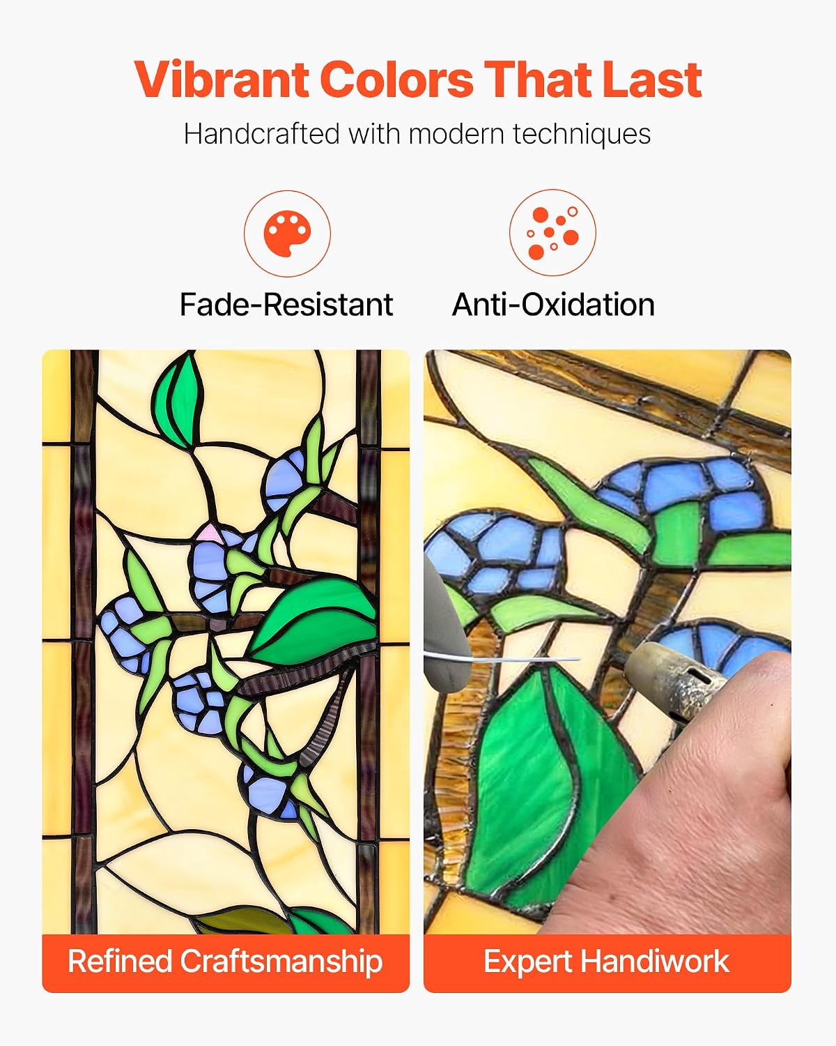 VEVOR Stained Glass Window Panel, 32.0' x 10.0' Tiffany Style Hanging Transom Window Panel with Chain, Large Horizontal Rectangle Stain Glass, Vintage Traditional Art Handcrafts for Kitchen Home Decor