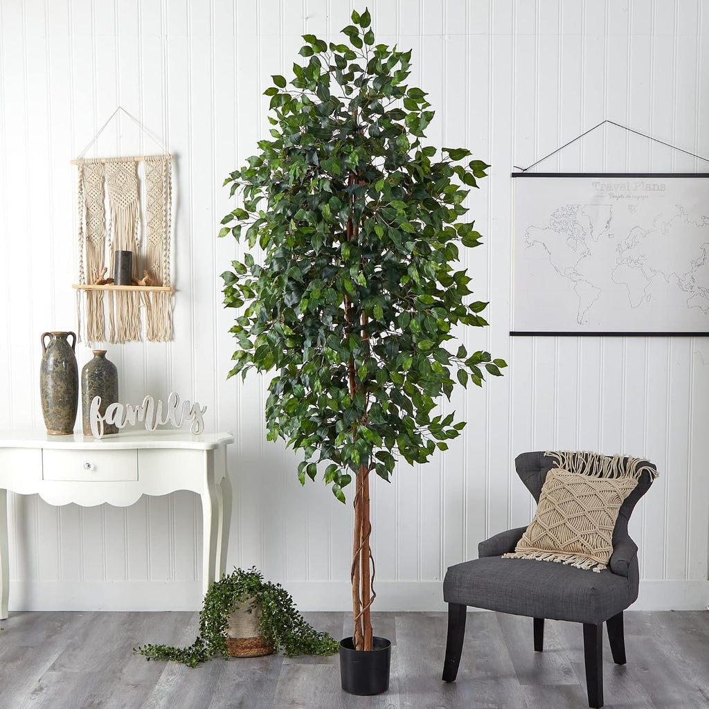 Nearly Natural 8ft Triple Trunk Artificial Ficus Tree with Natural Wood Trunks, Fake Tree for Indoor Home Décor, Faux Ficus Tree with Black Nursery Pot
