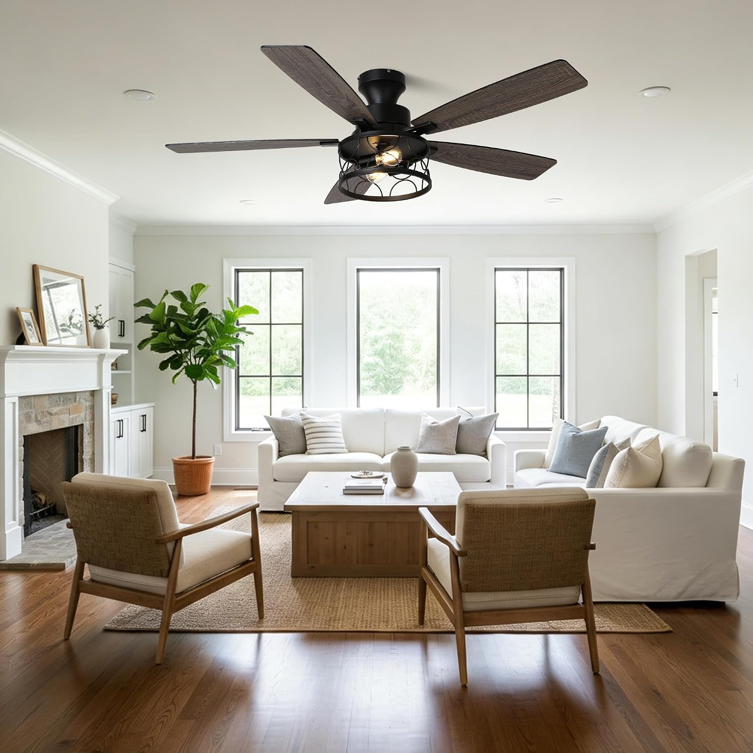 52'' Flush Mount Ceiling Fan with Light, Farmhouse Low Profile Ceiling Fan with Remote, 6-Speed Quiet Reversible DC Motor, 3 Clear Glass Lights, Timer Function, for Bedroom Living Room Kitchen