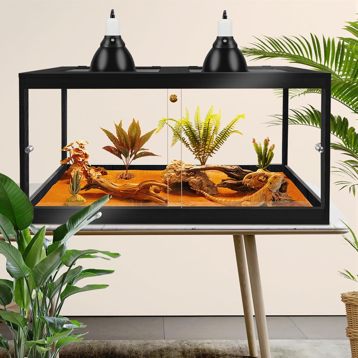 PROLEE Bearded Dragon Tank,34 Gallon Reptile Tank with Meatl Mesh Roof and Front Sliding Door,Lizard Tank,Spacious Reptile Enclosure for Snakes,Lguanas, Chameleons (Black)