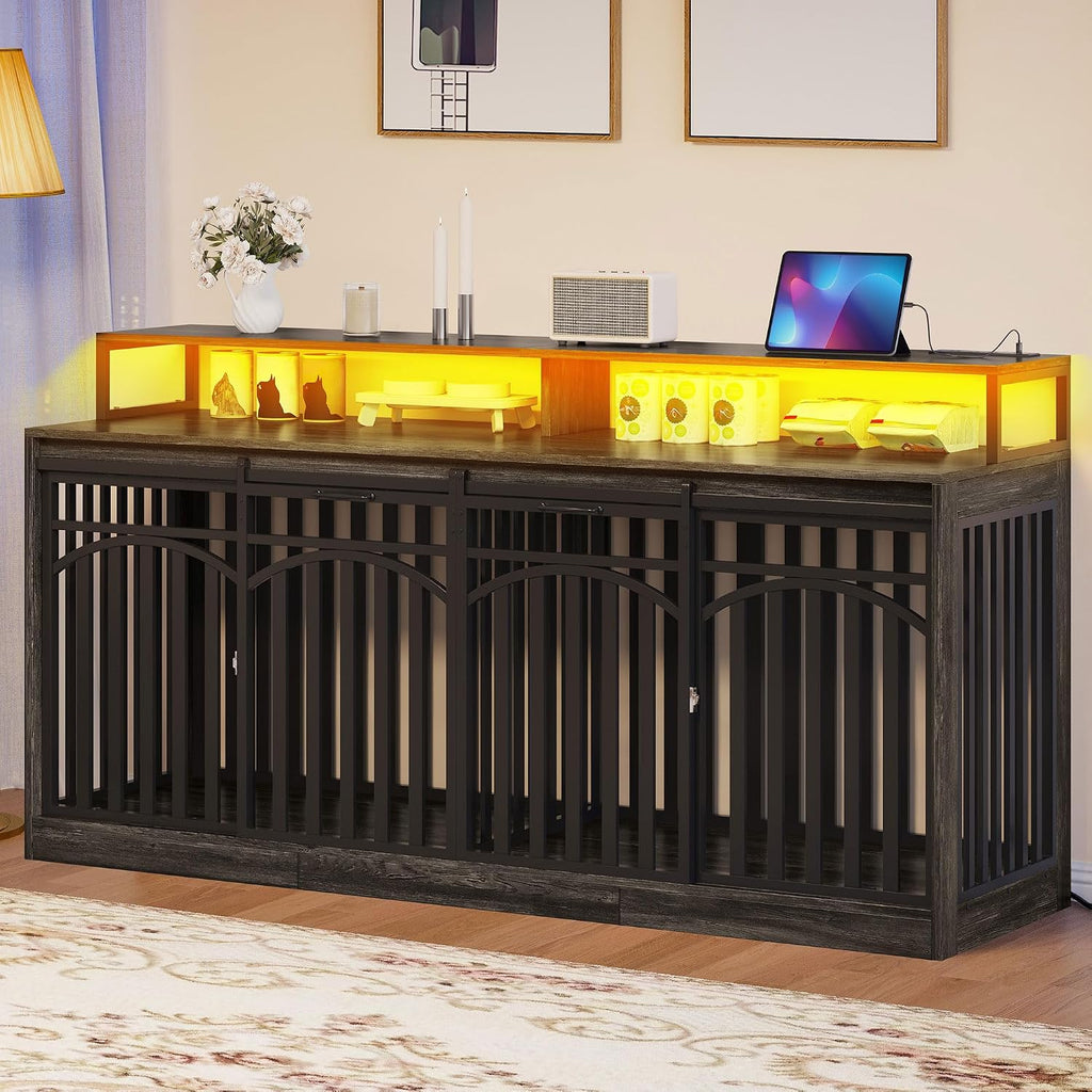DWVO 71' Double Dog Crate Furniture with LED Light & Power Outlets, Heavy Duty Dual Dog Kennel TV Stand w Storage Shelves Sliding Doors, Wooden Two Dog Cage Table 2 Medium Large Dogs, Black Oak