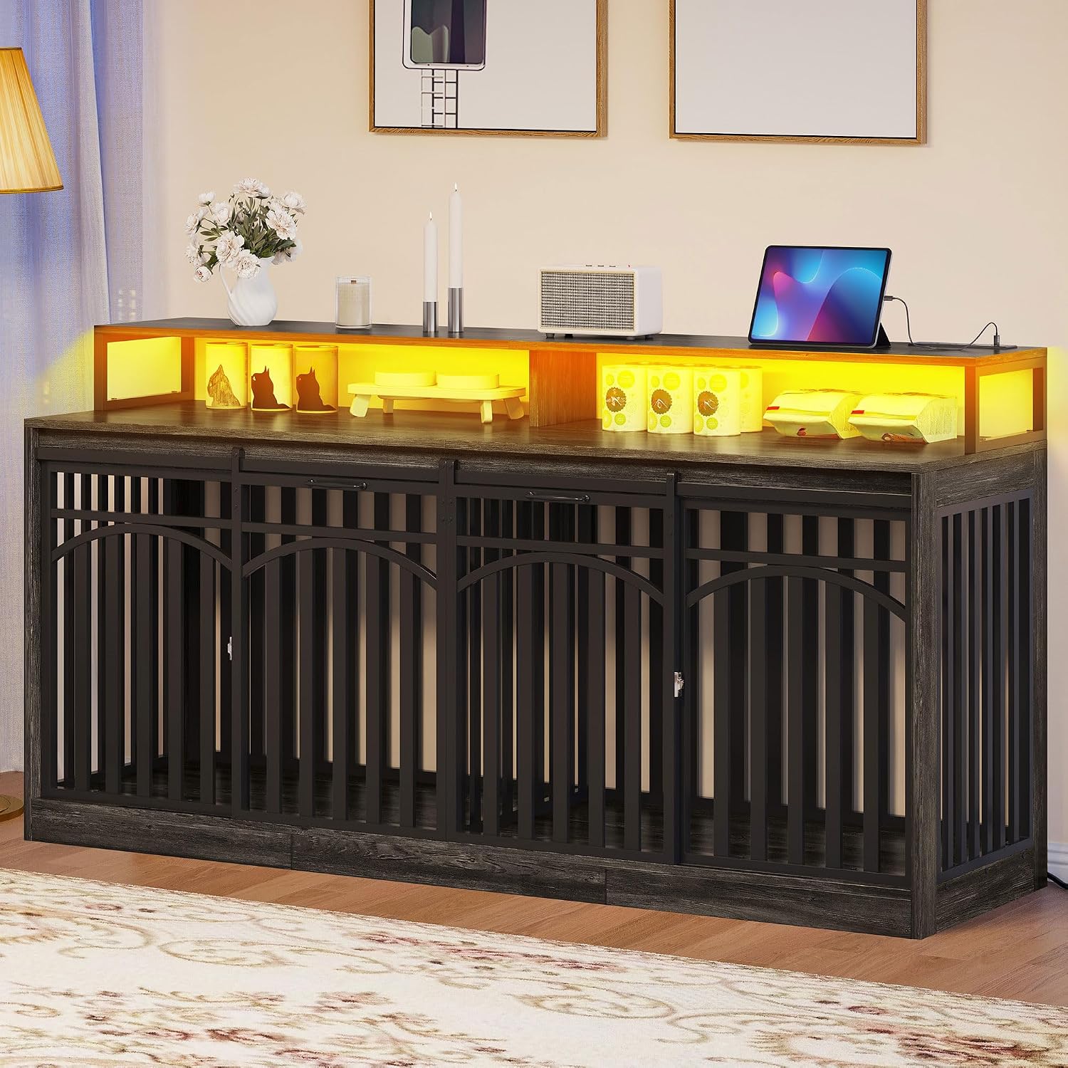 DWVO 71' Double Dog Crate Furniture with LED Light & Power Outlets, Heavy Duty Dual Dog Kennel TV Stand w Storage Shelves Sliding Doors, Wooden Two Dog Cage Table 2 Medium Large Dogs, Black Oak