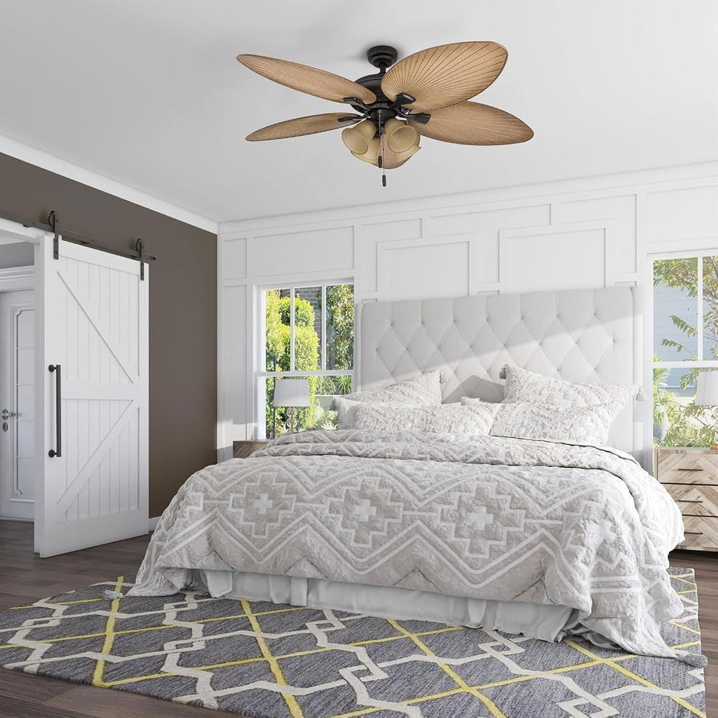 Honeywell Ceiling Fans Palm Valley, 52 Inch Tropical Indoor Outdoor Ceiling Fan with Light, Pull Chain, Three Mounting Options, 5 Palm Leaf Blades, Reversible Motor - 50506-01 (Bronze)