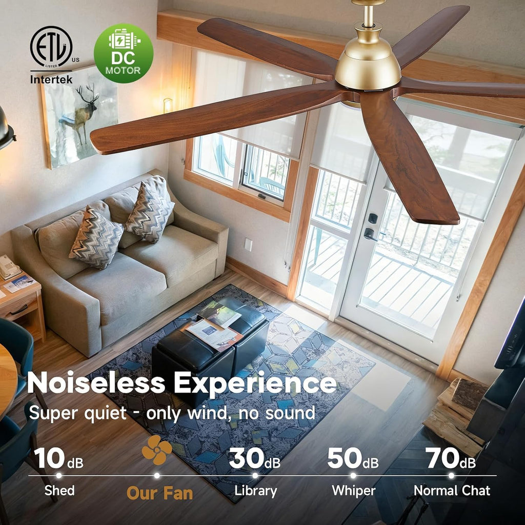 60 Inch Ourdoor Gold Ceiling Fan with Light, 5 Walnut Wood Blade Damp-Rated, Indoor Exterior High CFM Propeller for Patio Farmhouse, 6 Speeds Quiet Reversible DC Motor, for Living Room Porch