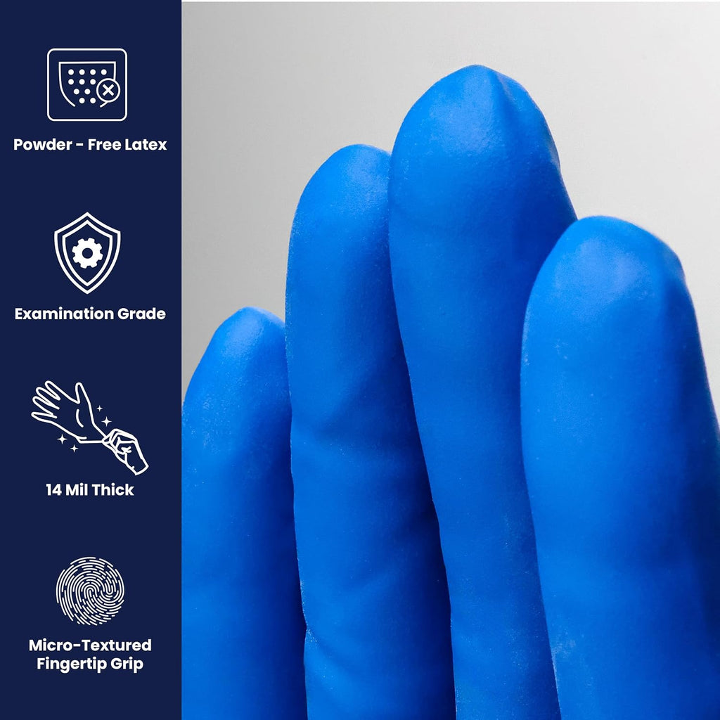 Adenna HERO Disposable Latex Gloves - 14 Mil, NFPA-Approved Heavy Duty Glove with 12' Extended Cuff & Micro-Textured Grip, Exam Grade, Powder Free, Case of 500, X-Large, Blue