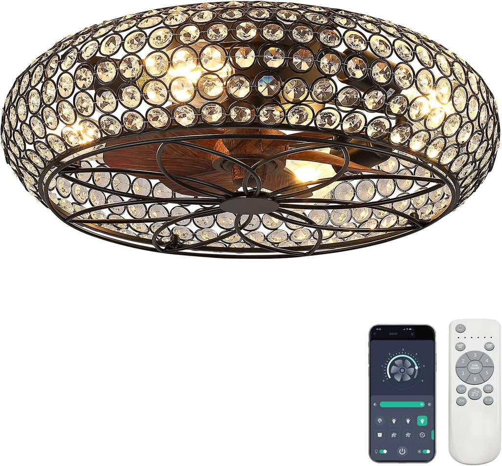 Modern Fandelier Crystal Ceiling Fans with Lights and Remote, 20-Inch Low Profile Bladeless Flush Mount Caged Ceiling Fan for Bedroom, Kitchen,Living Room,Small Ceiling Fan with Light with 6 Speed
