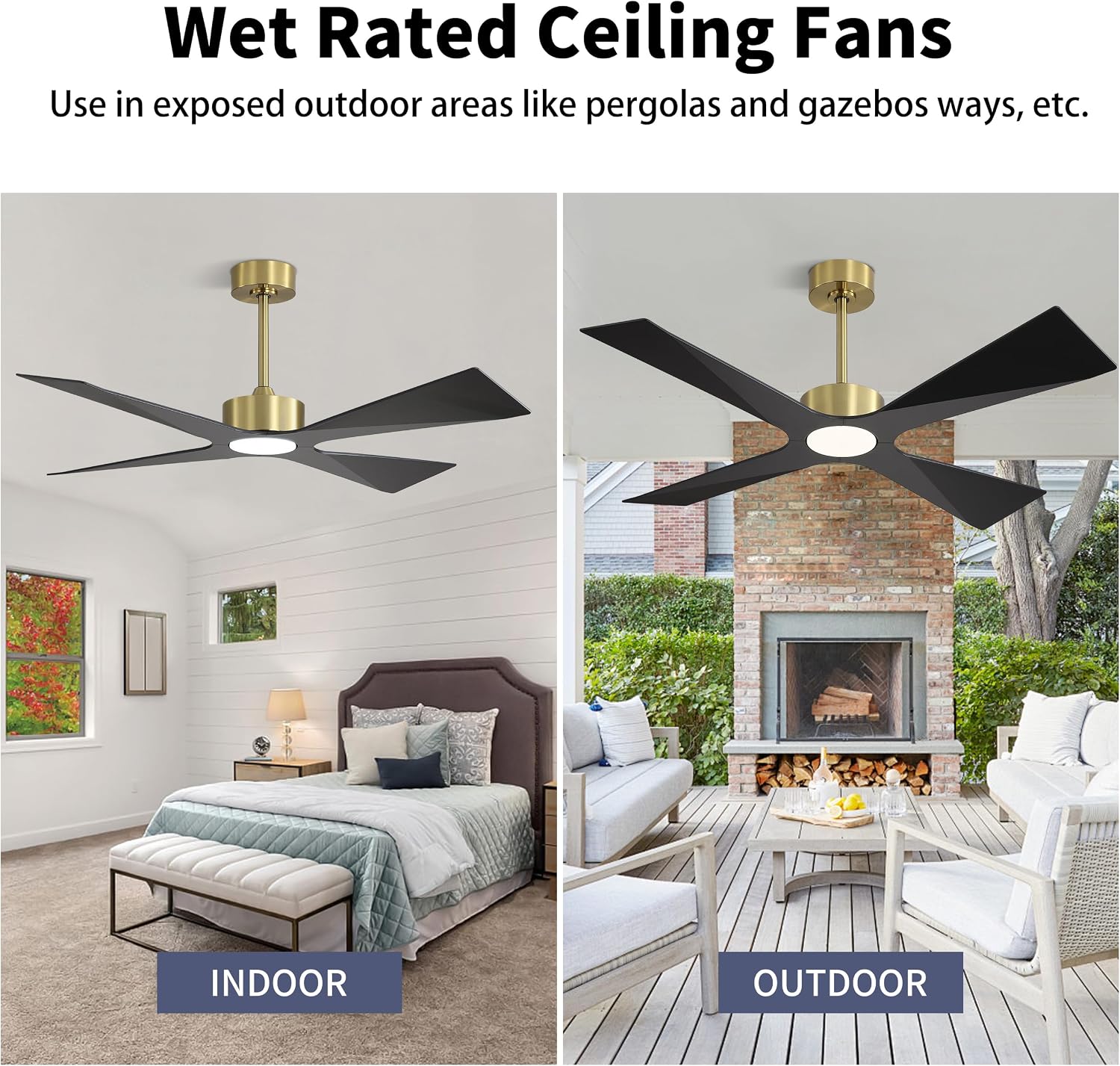 WINGBO 64' Wet Rated Outdoor Ceiling Fan with Lights, 4 ABS Plastic Blades, Reversible DC Motor, 6-Speed Remote Control, 3 CCT, Waterproof Ceiling Fan for Patio Porch Gazebo Garage, Brass and Black