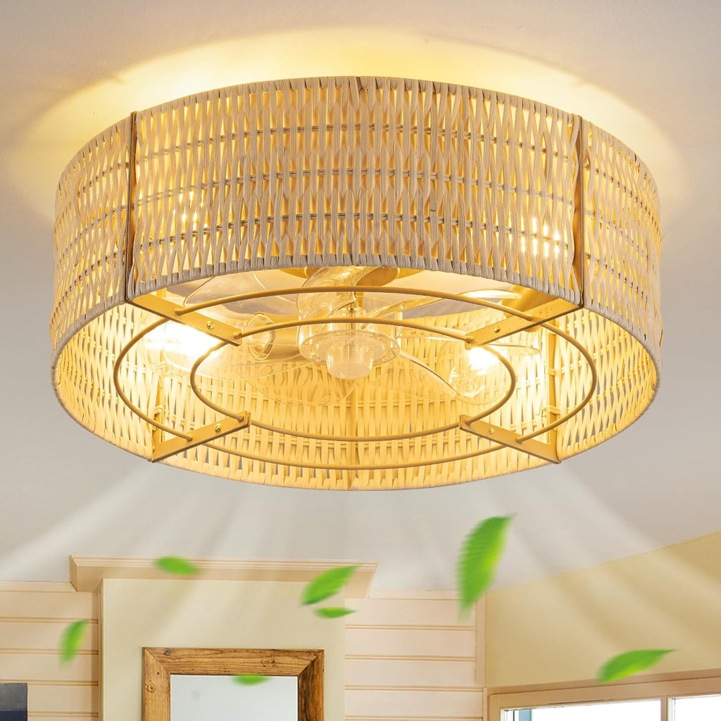 Boho Ceiling Fan with Light, Rattan Fandelier Flush Mount with Remote, Reversible Motor, Enclosed Low Profile Wicker Cage,Farmhouse Caged Ceiling Fans for Bedroom, Living Room, Kitchen