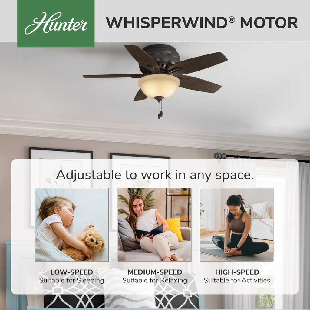 Hunter 42 inch Indoor Ceiling Fan with LED Light - Bronze Ceiling Fan with Pull Chain, For Bedroom or Living Room, Low Profile Flush Mount, No Remote, 5 Blades - Newsome 51081, Premier Bronze