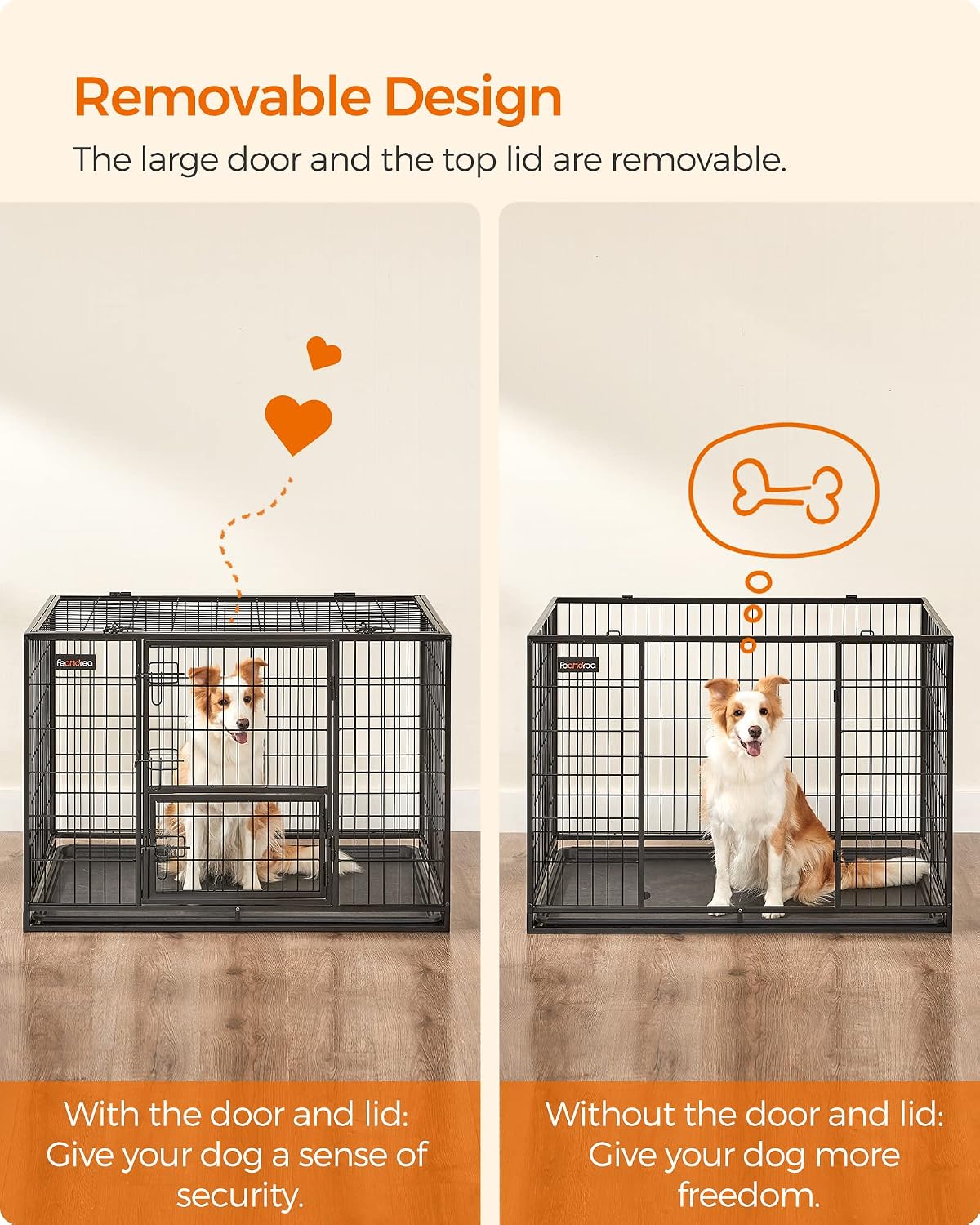 Feandrea 42.1 Inch Heavy Duty Dog Crate, Metal Escape Proof Kennel with Double Doors and Convenient Feeding Door, Removable Tray, Easy to Clean, XL Pet Crate for Large and Medium Dogs, Black
