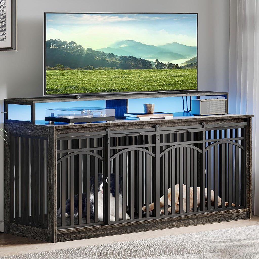 DWVO 71' Double Dog Crate Furniture with LED Light & Power Outlets, Heavy Duty Dual Dog Kennel TV Stand w Storage Shelves Sliding Doors, Wooden Two Dog Cage Table 2 Medium Large Dogs, Black Oak