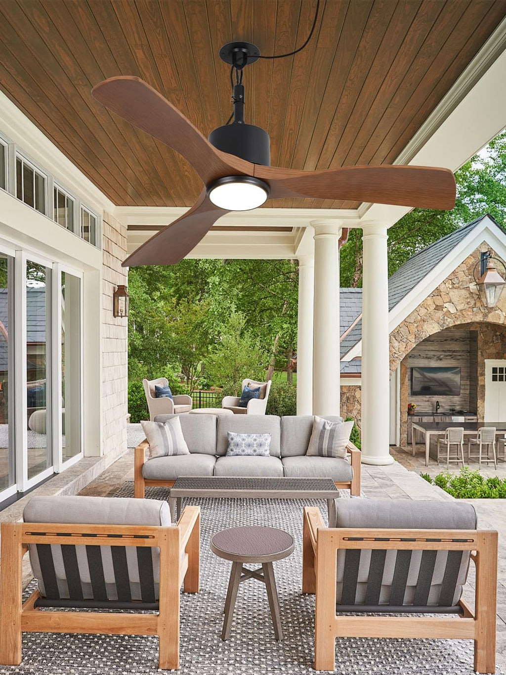 Parrot Uncle 42 Inch Outdoor Ceiling Fan with Light, IP65 Ceiling Fans with Lights and Remote, 3CCT 6-Speed Quite DC Motor, Wet Rated Plug in Ceiling Fan for Patios Porch Pergola (Walnut & Black)