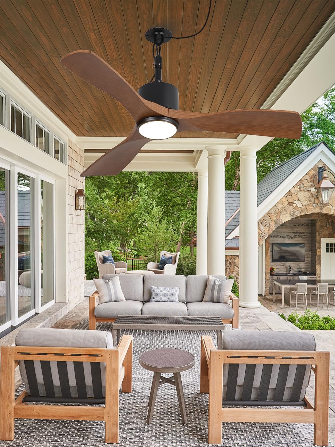 Parrot Uncle 42 Inch Outdoor Ceiling Fan with Light, IP65 Ceiling Fans with Lights and Remote, 3CCT 6-Speed Quite DC Motor, Wet Rated Plug in Ceiling Fan for Patios Porch Pergola (Walnut & Black)
