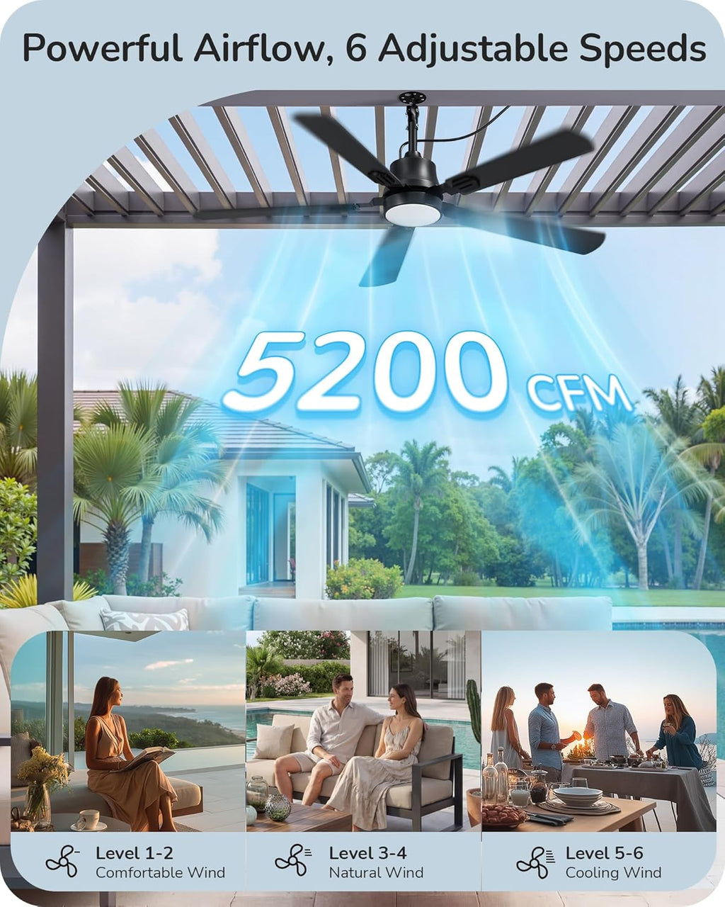 EDISHINE 52' Outdoor Ceiling Fan with Light, IP66 Waterproof Gazebo Hanging Fan, 5200 CFM, 3CCT, APP/Remote Control, 5 Wood Blade, 6-Speed Winds, Plug in Ceiling Fans for Patios Porch Pergola, Black