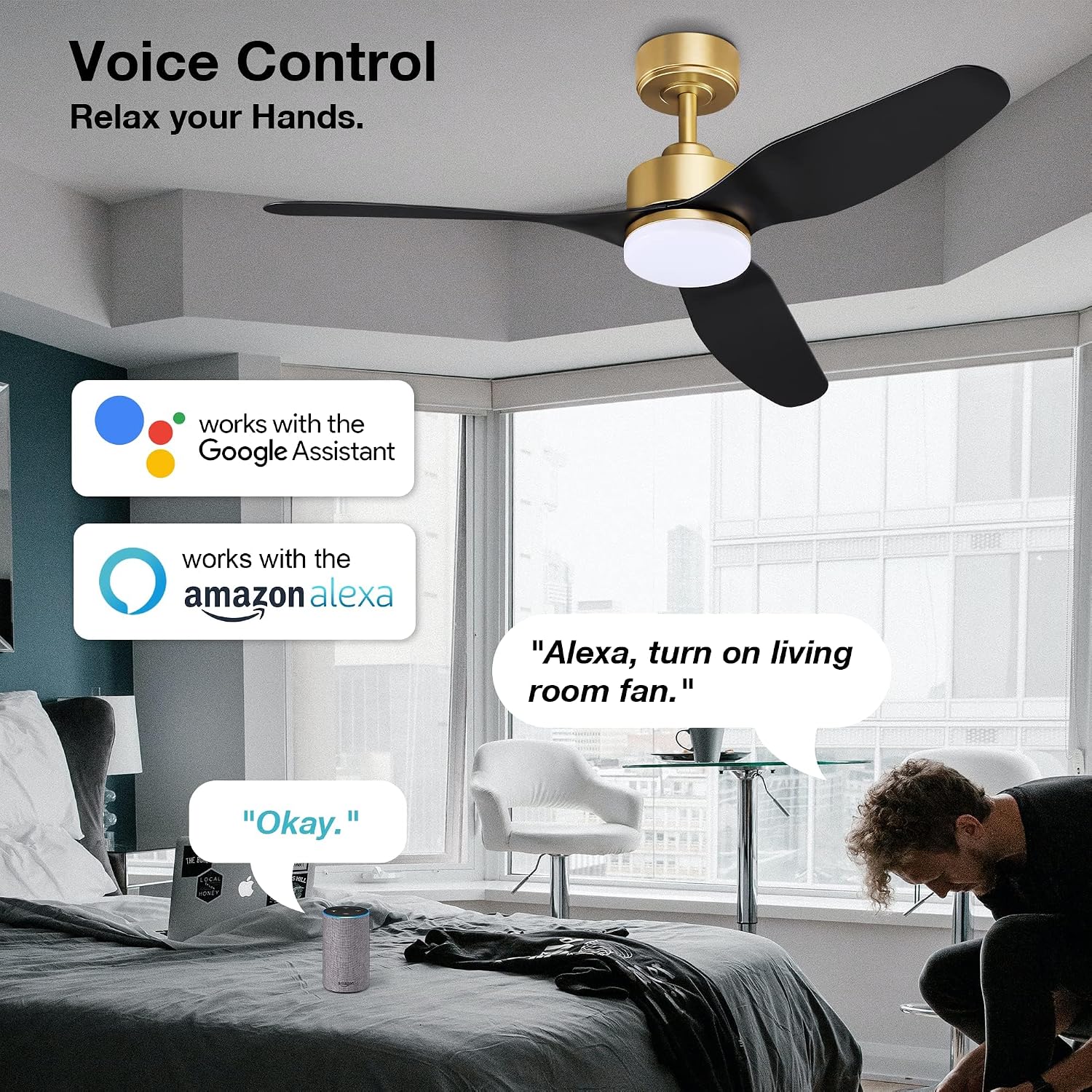 Hoenofly 48 Inch Smart Ceiling Fans with LED Lights Remote,Quiet DC Motor,Dimmable,Outdoor Indoor Gold Black Ceiling Fan Controlled by WIFI Alexa App,for Modern Bedroom Living Room Patio Porch