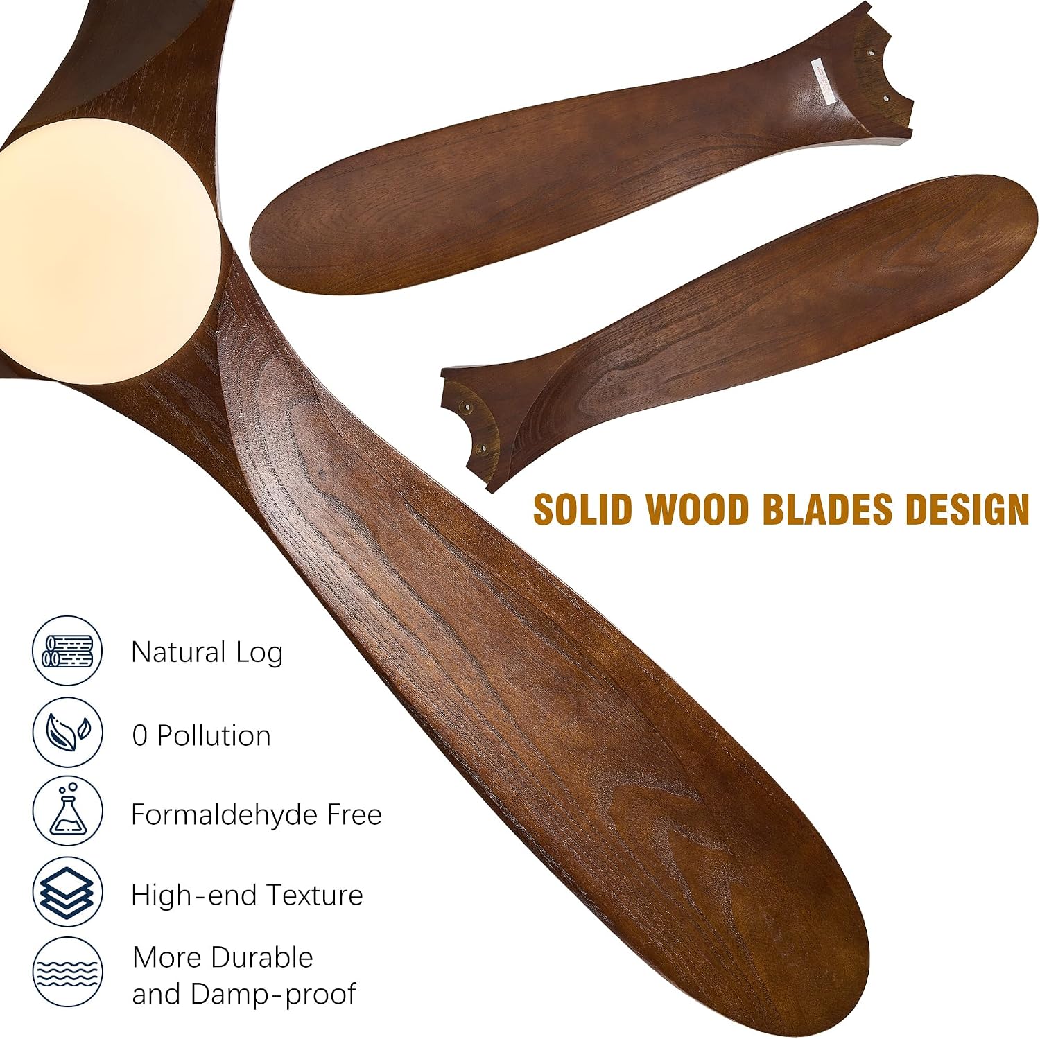 60 Inch Solid Wood Ceiling Fans with Lights, Remote APP Control 3 Propeller Blades Indoor Outdoor Ceiling Fan, Large Airflow Noiseless DC Motor Wooden Ceiling Fan for Patio Living Rooms Farmhouse