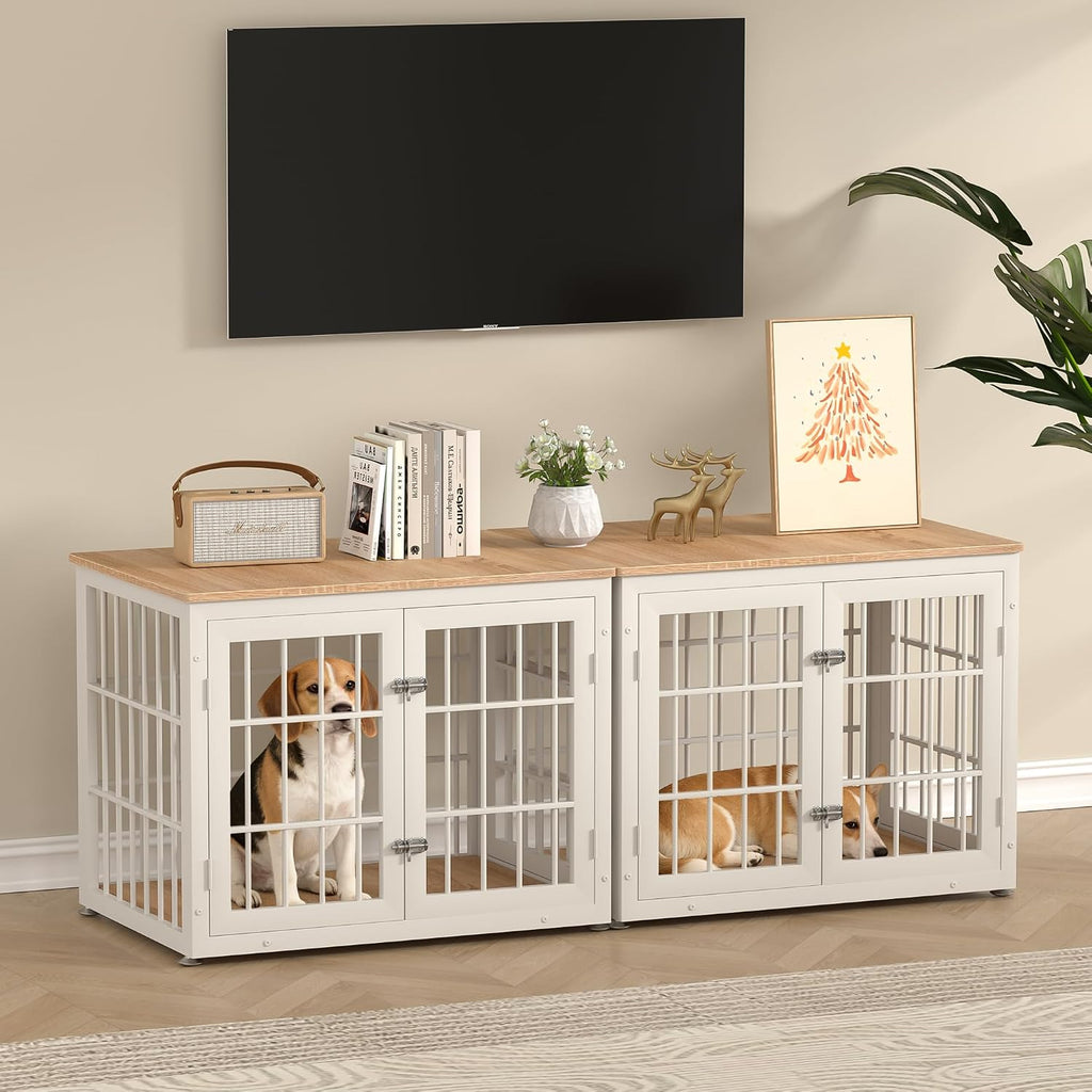 rehomerance 32 Inch Heavy Duty Dog Crate Furniture for Medium and Small Dogs, Decorative Pet House End Table, Wooden Cage Kennel Furniture Indoor, Natural and White