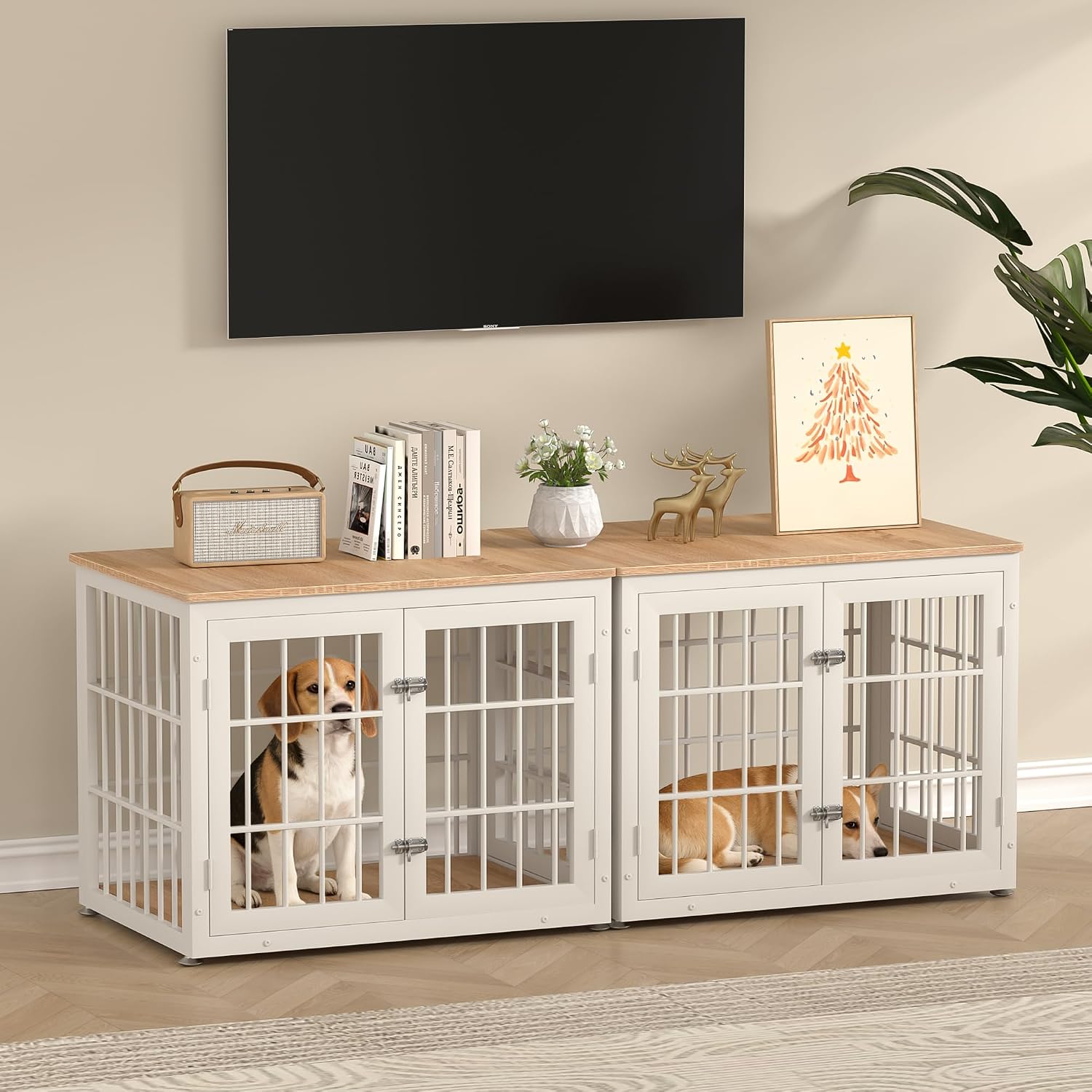 rehomerance 32 Inch Heavy Duty Dog Crate Furniture for Medium and Small Dogs, Decorative Pet House End Table, Wooden Cage Kennel Furniture Indoor, Natural and White