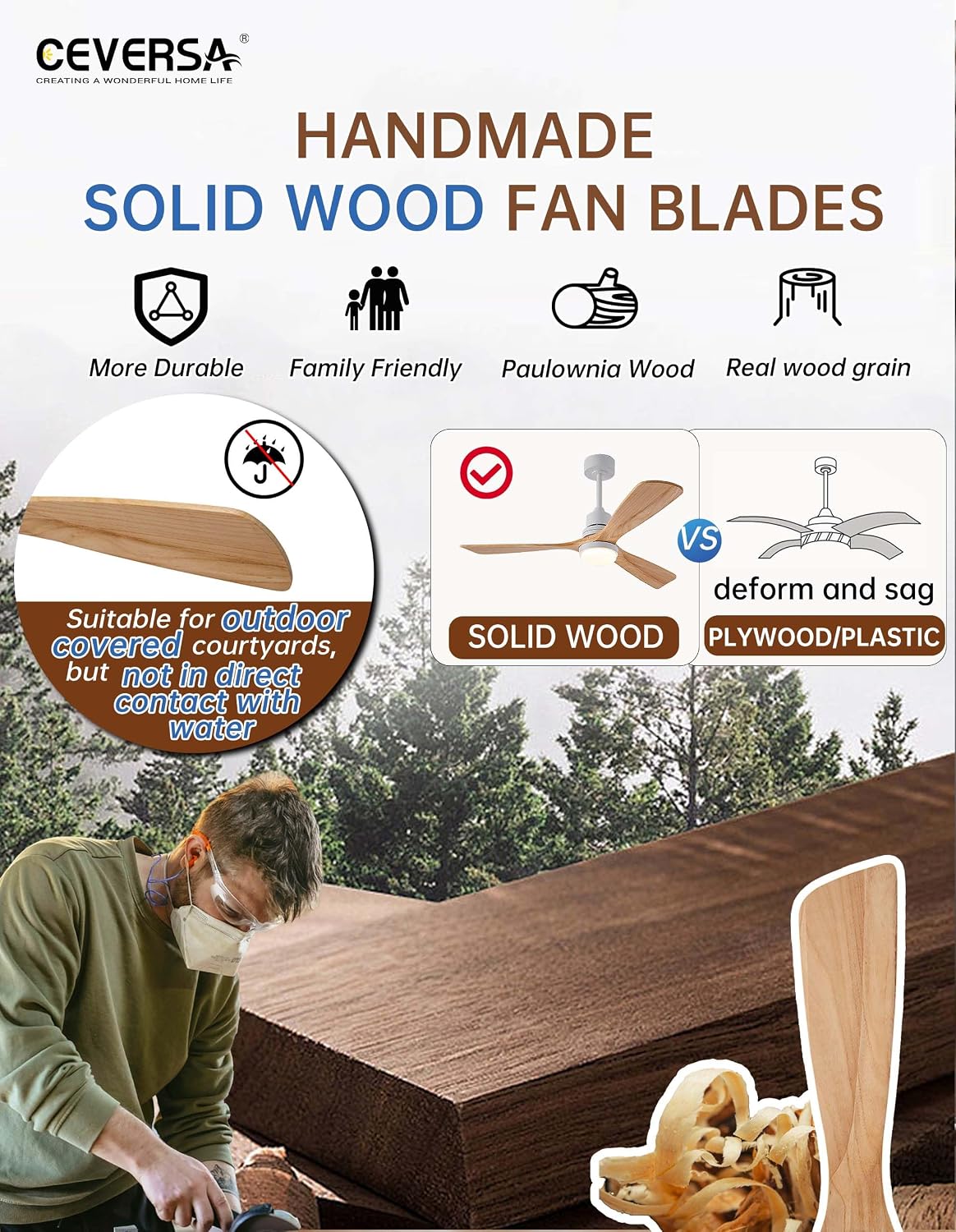 52 Inch Natural Wood Ceiling fans with Lights and Remote,3 Blades Wooden Modern Ceiling Fans,Dimmable Light,Noiseless Reversible DC Motor for Patio,Living Room,Outdoor,Indoor,Farmhouse