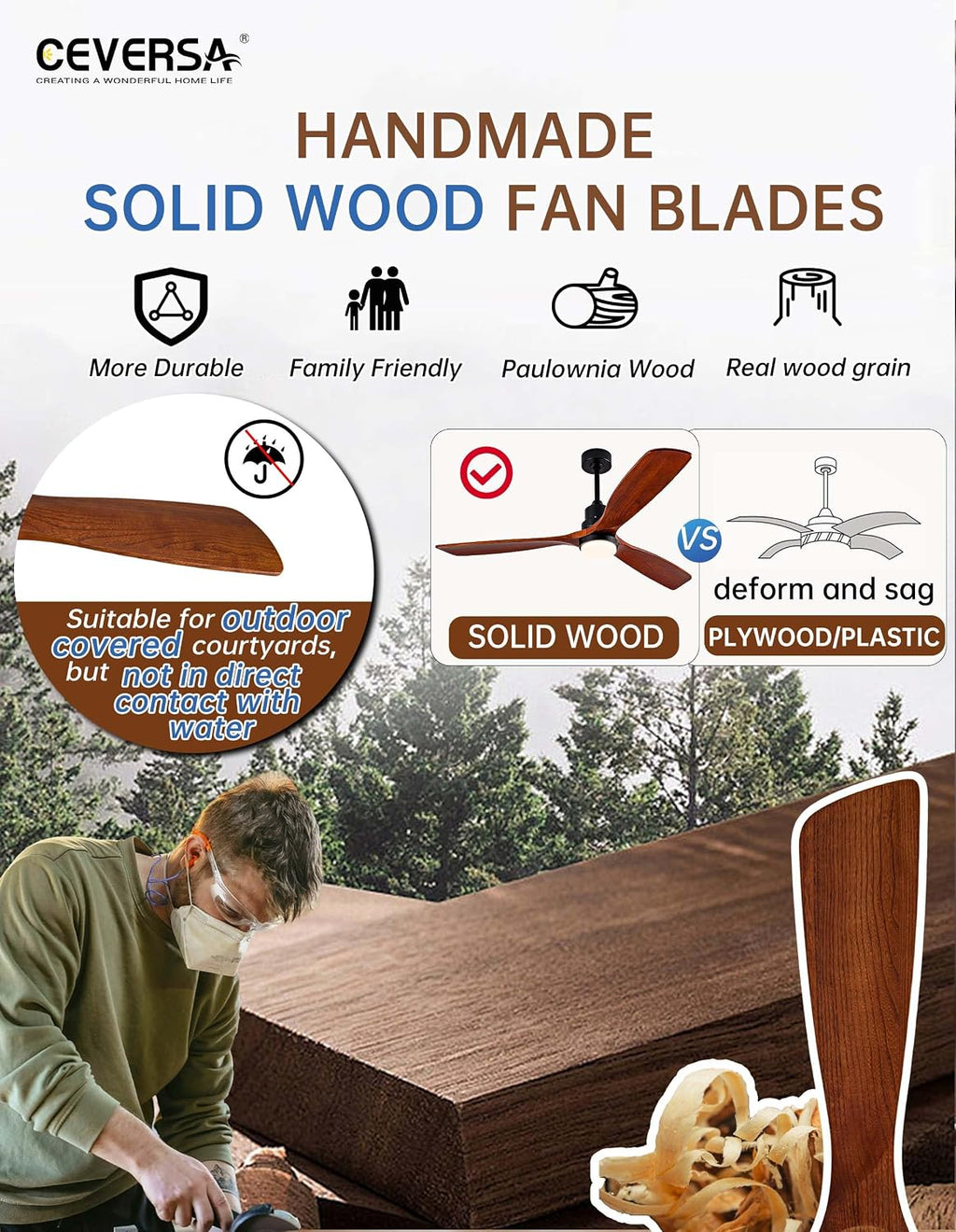 60 Inch Ceiling fans with Lights and Remote,Wood Outdoor Ceiling Fan for Patios with Dimmable LED Light,3 Blades Walnut,Noiseless Reversible DC Motor,Modern Memory Fan for Indoor,Farmhouse