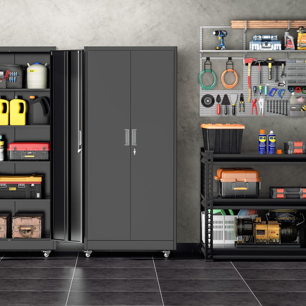 INTERGREAT Metal Storage Cabinet with Wheels, 73' Garage Storage Cabinets with Door and 4 Shelves, Tool Storage Locker on Caster for Home, Office, Black