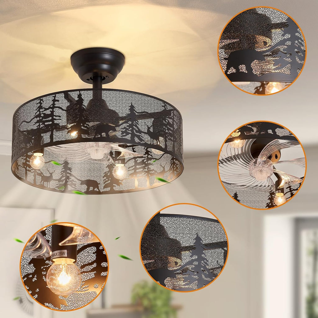 18 Inch Rustic Ceiling Fan with Light and Remote, Black Round Farmhouse Caged Ceiling Fan, Quiet Reversible Motor, Vintage Metal Bear and Deer Design Ceiling Fans for Bedroom Living Room