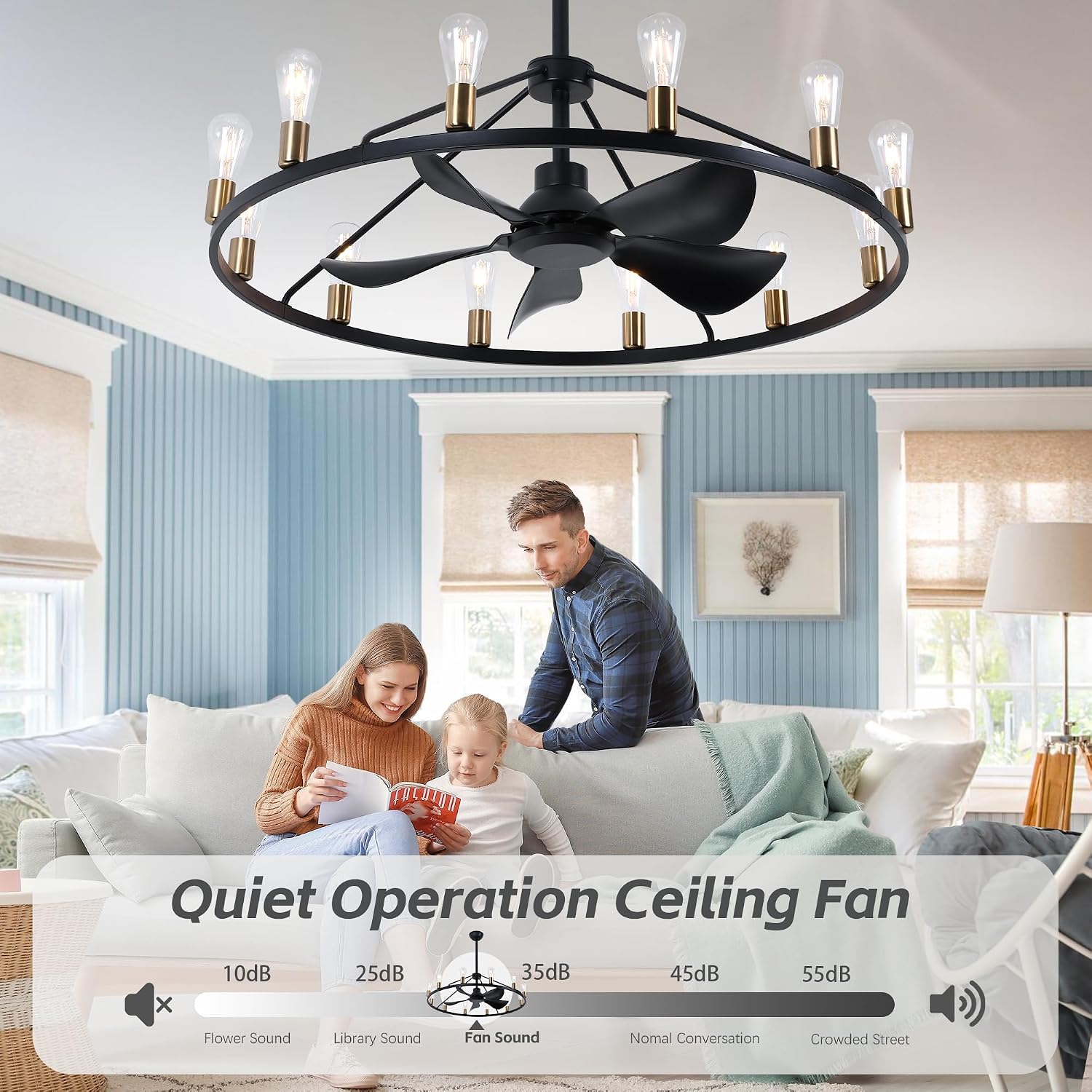 Miuyhji 44' Large Wagon Wheel Chandelier with Fan Smart Farmhouse Black Fan | 12 Lights, Remote/APP,6 Speed, Timing,Height Adjustable, Rustic Fandelier Light Fixture for Living Room Bedroom Dining Room