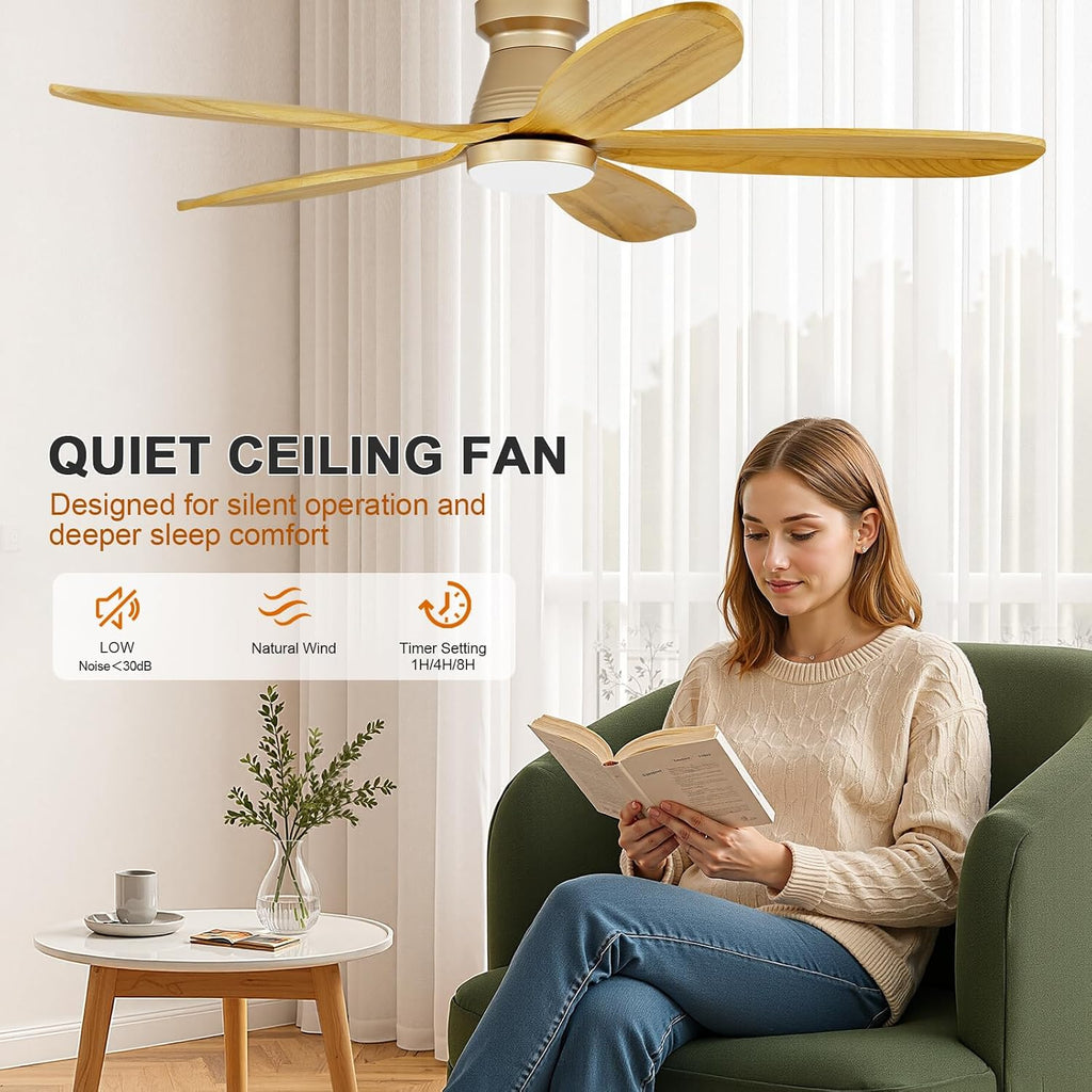 48 Inch Flush Mount Ceiling Fans with Lights and Remote, Modern Low Profile Wood Ceiling Fan with Light，Indoor Outdoor Ceiling Fans for Patio Office, Dimmable, Wall Switch, Memory Function