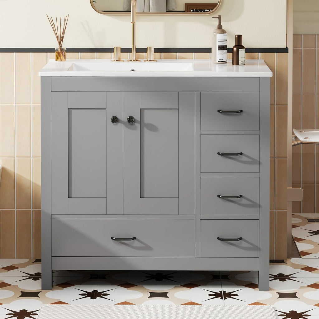 LUMISOL 36 Inch Bathroom Vanity with Sink, Freestanding Bathroom Cabinet with Ceramic Sink, Modern Single Vanity with Soft Close Doors & Drawers for Guest Bath, Master Suite, Rental, Grey