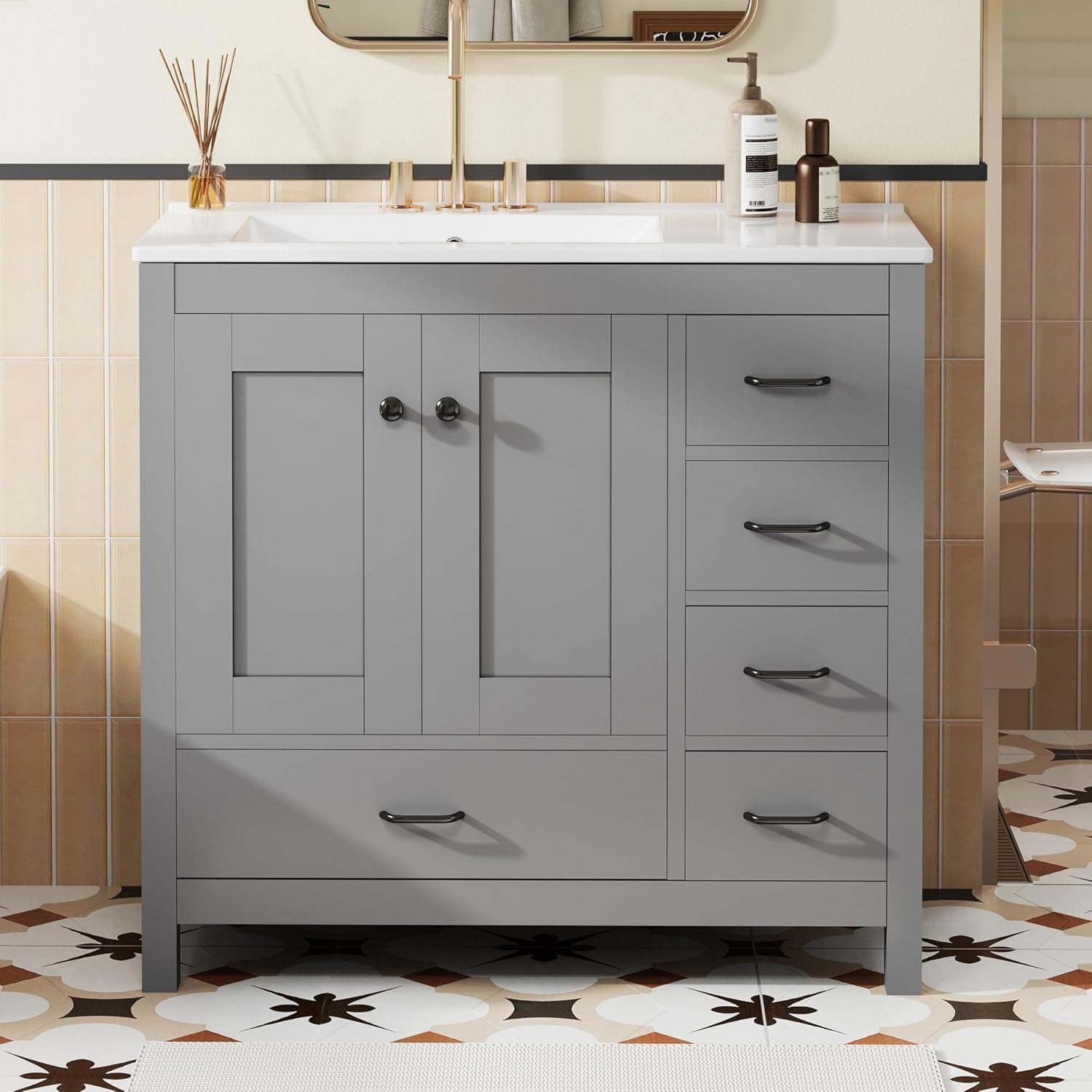 LUMISOL 36 Inch Bathroom Vanity with Sink, Freestanding Bathroom Cabinet with Ceramic Sink, Modern Single Vanity with Soft Close Doors & Drawers for Guest Bath, Master Suite, Rental, Grey