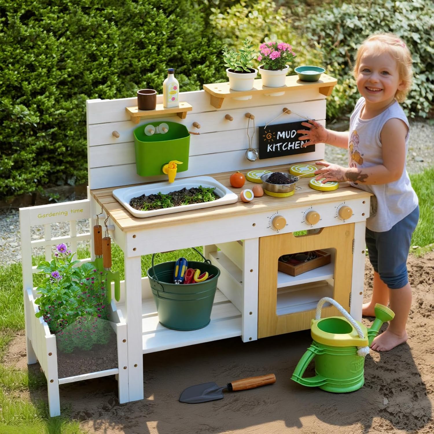 Frogprin Outdoor Mud Kitchen for Kids, Wooden Play Kitchen with Plant Growing Box & Trellis, Real Faucet Sink, Gardening Tools &, Cooking Accessories, Ideal for Toddlers Ages 3+