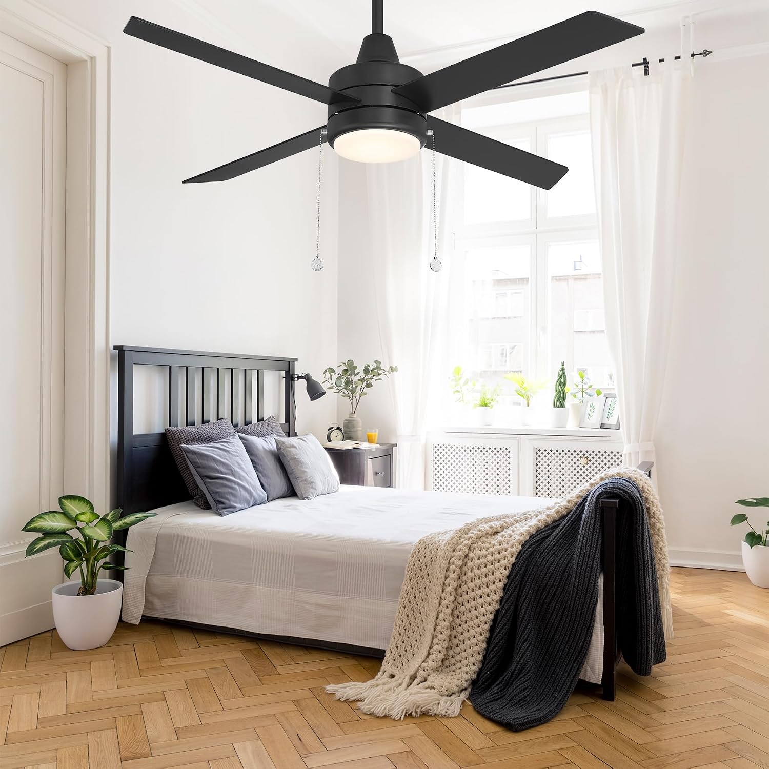 WAC Lighting Quade Indoor or Outdoor 4-Blade 52in Pull Chain Ceiling Fan in Brushed Nickel with Adjustable CCT 2700-3000-4000-5000K Dimmable LED Light Kit and Memory Function
